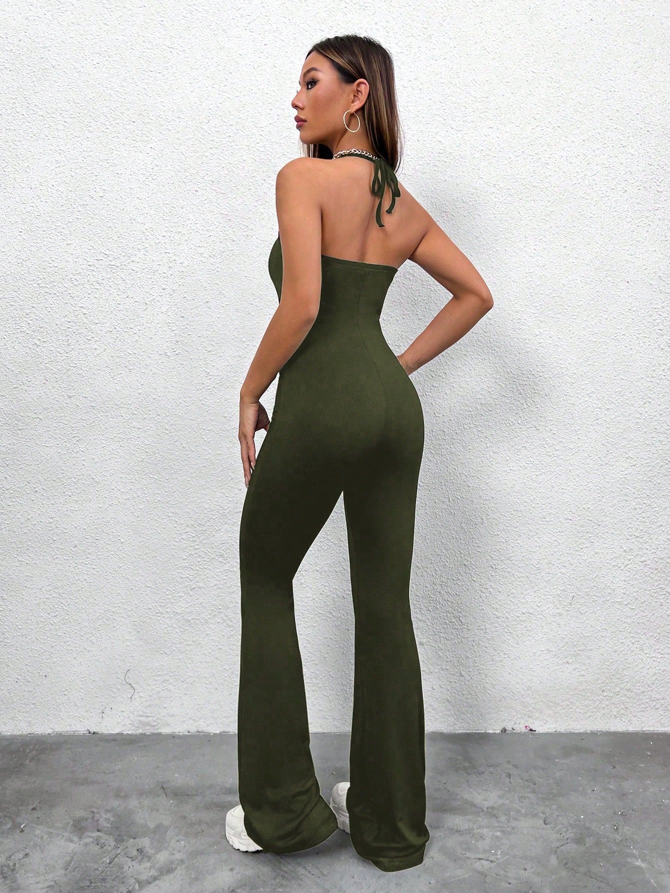 Solid Backless Flare Leg Halter Jumpsuit