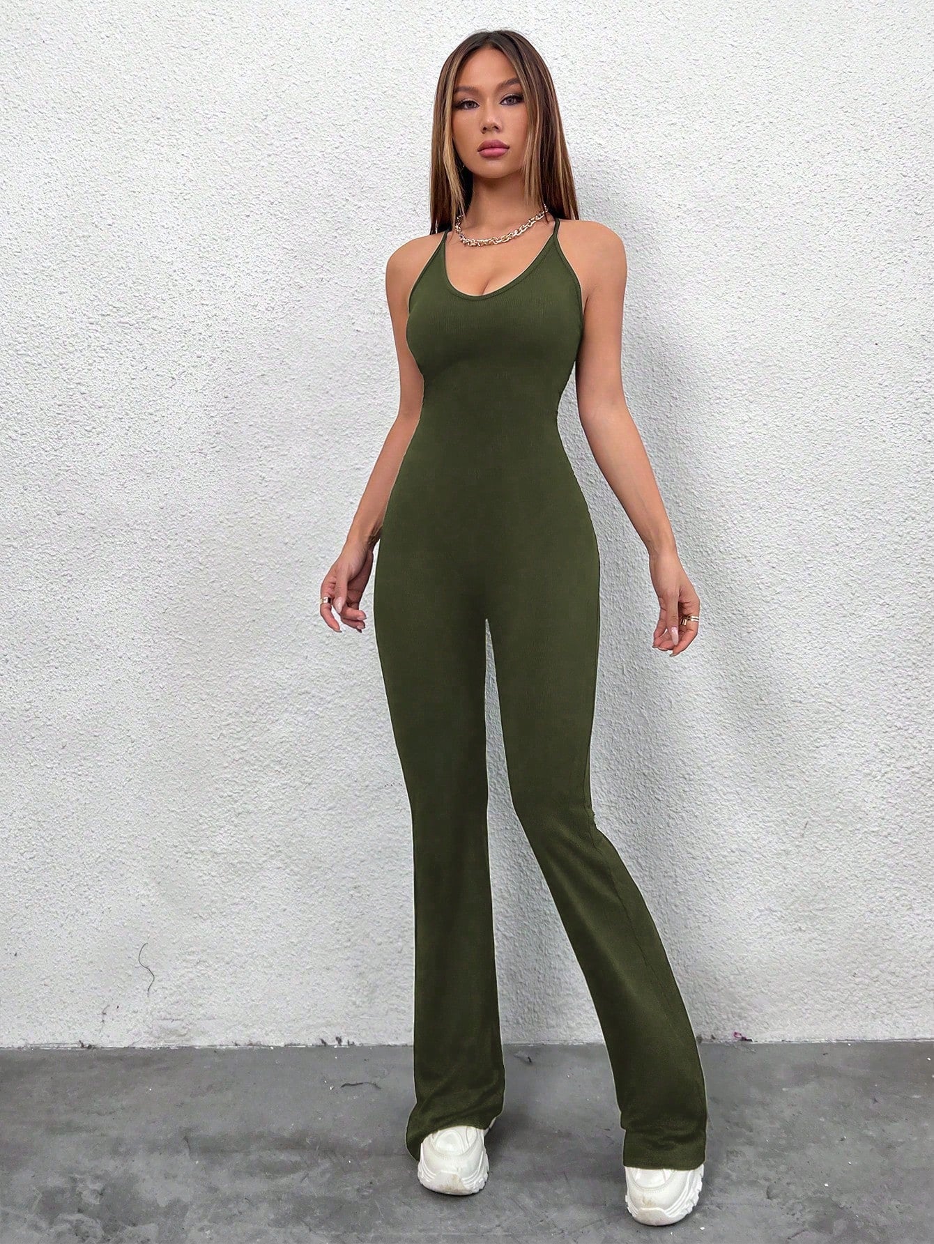 Solid Backless Flare Leg Halter Jumpsuit