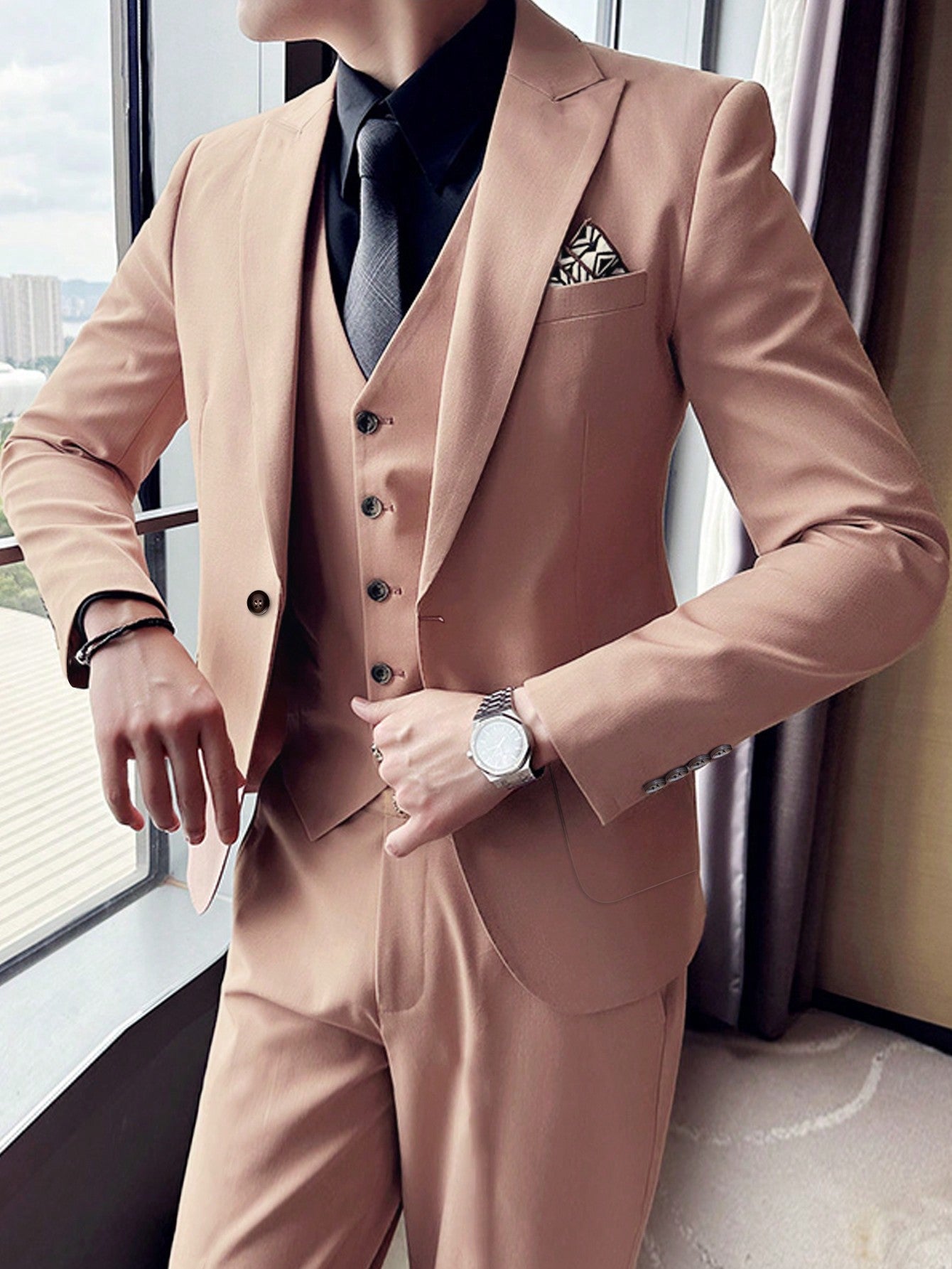 Men's Pure Color One-button Slim Fit Suit Set