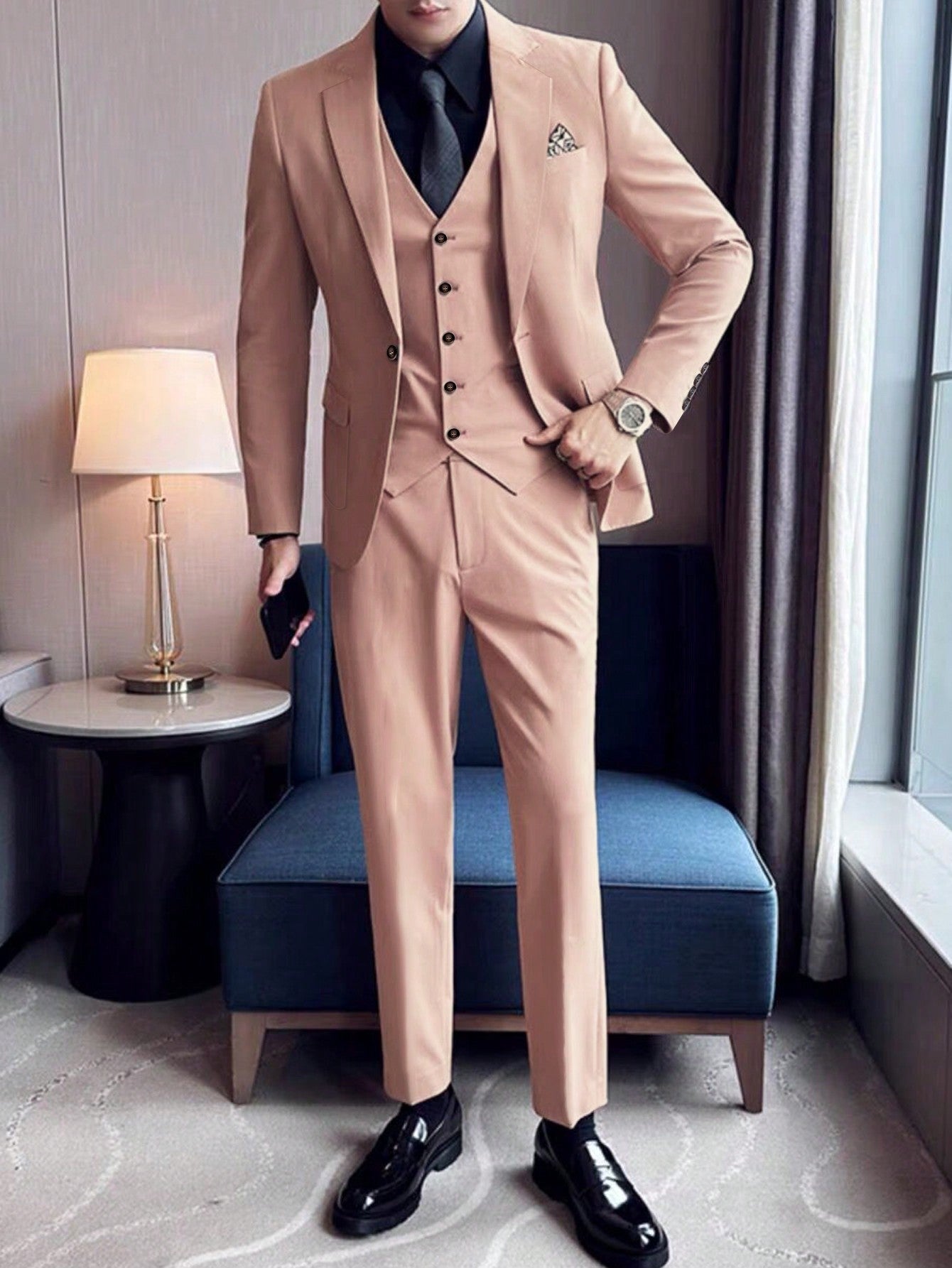 Men's Pure Color One-button Slim Fit Suit Set