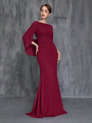 Women'S Formal Wine Red Fishtail Dress With Front Pleats And Back Drape Detail