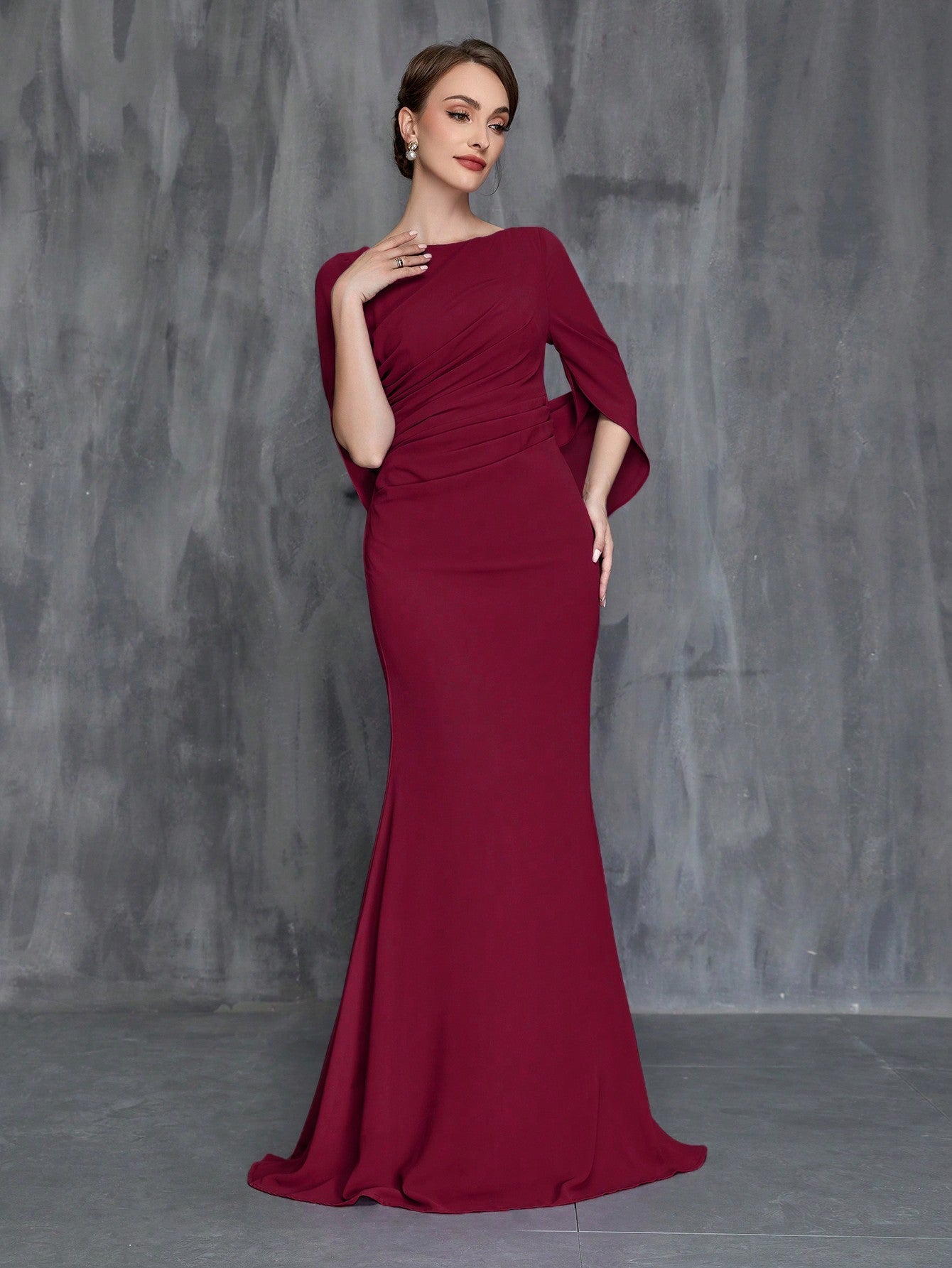 Women'S Formal Wine Red Fishtail Dress With Front Pleats And Back Drape Detail