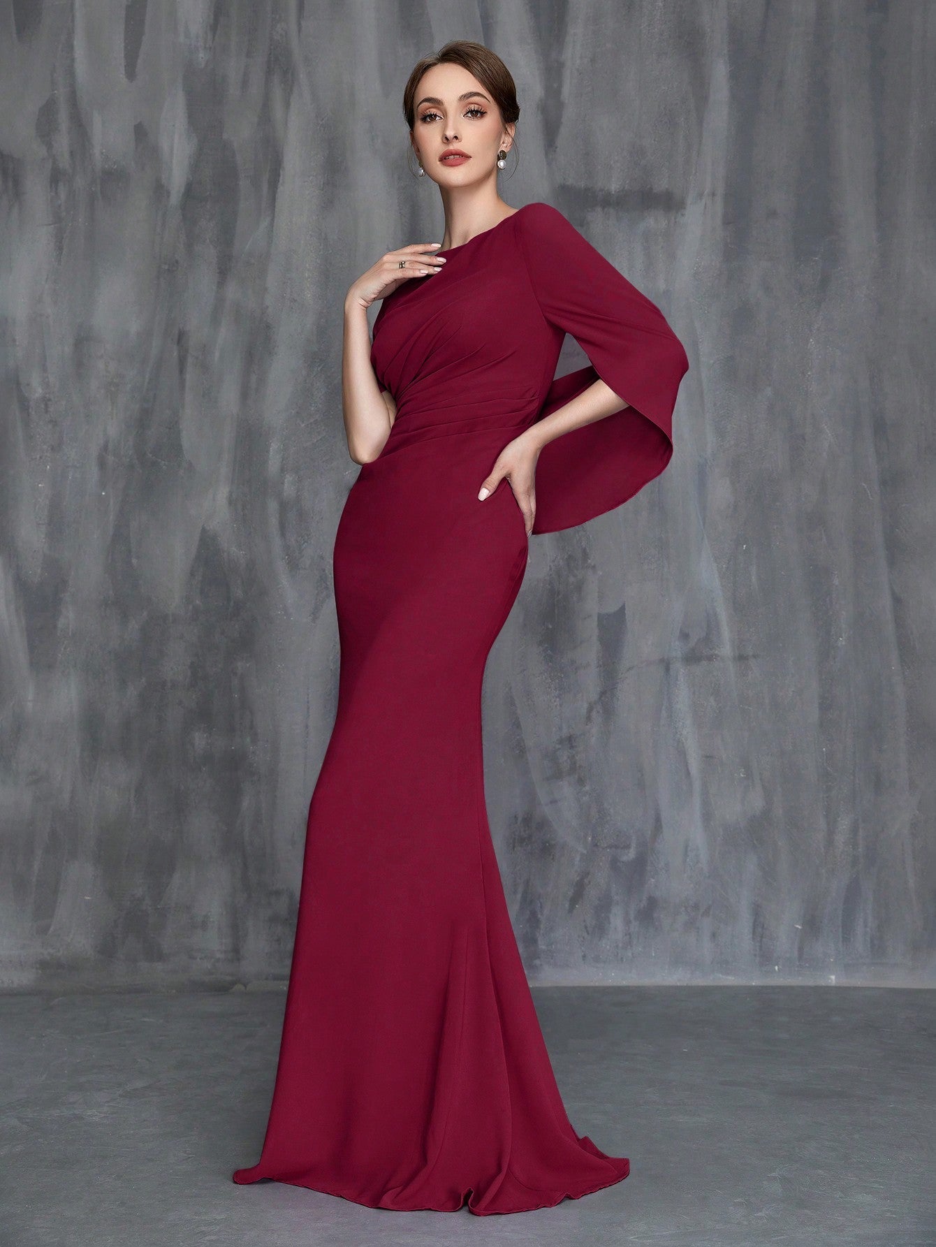 Women'S Formal Wine Red Fishtail Dress With Front Pleats And Back Drape Detail