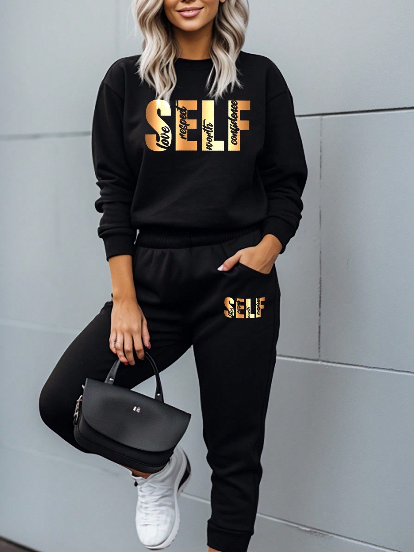 Letter Graphic Drop Shoulder Sweatshirt & Sweatpants