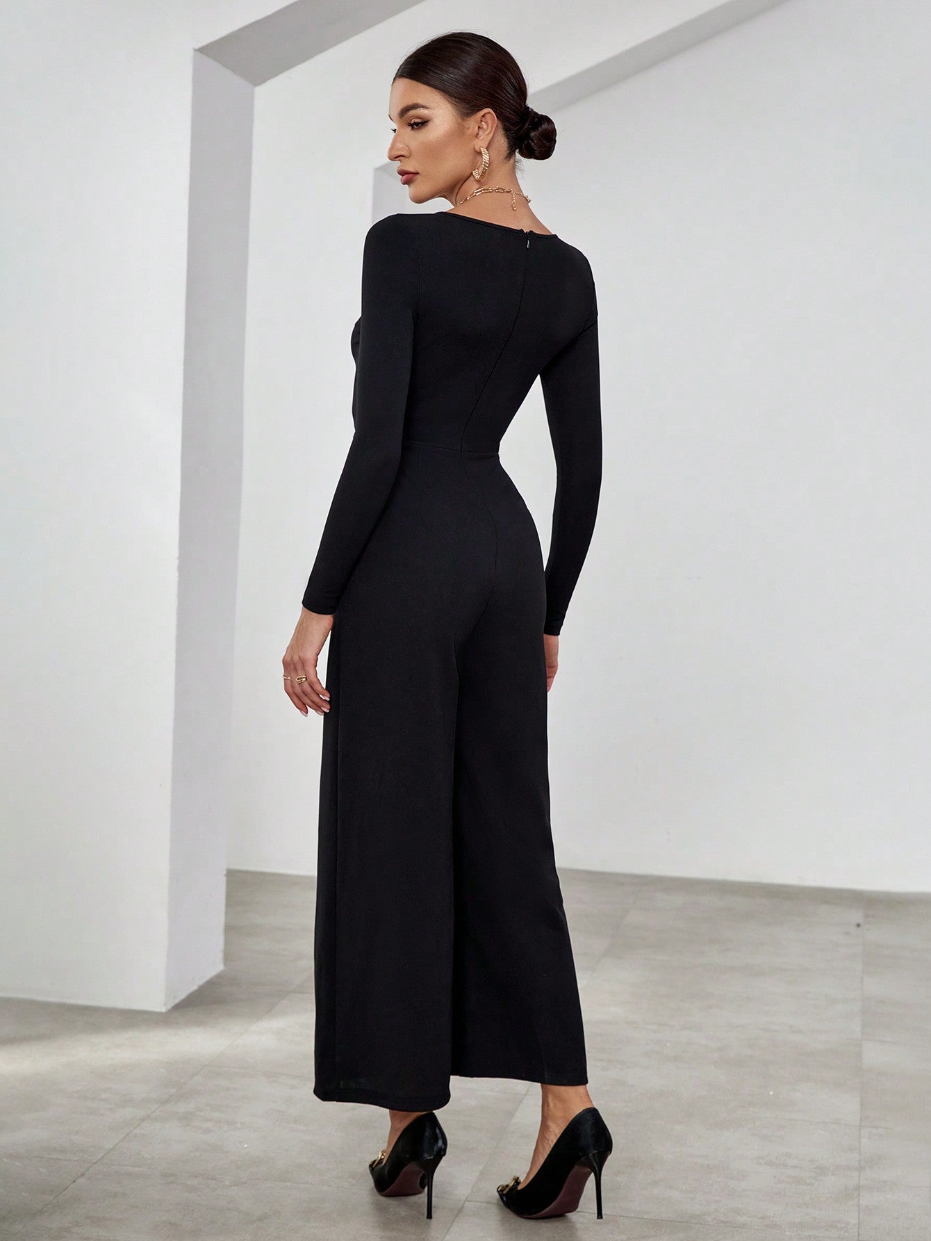 Privé Asymmetric Collar Color Block Long Sleeve Jumpsuit