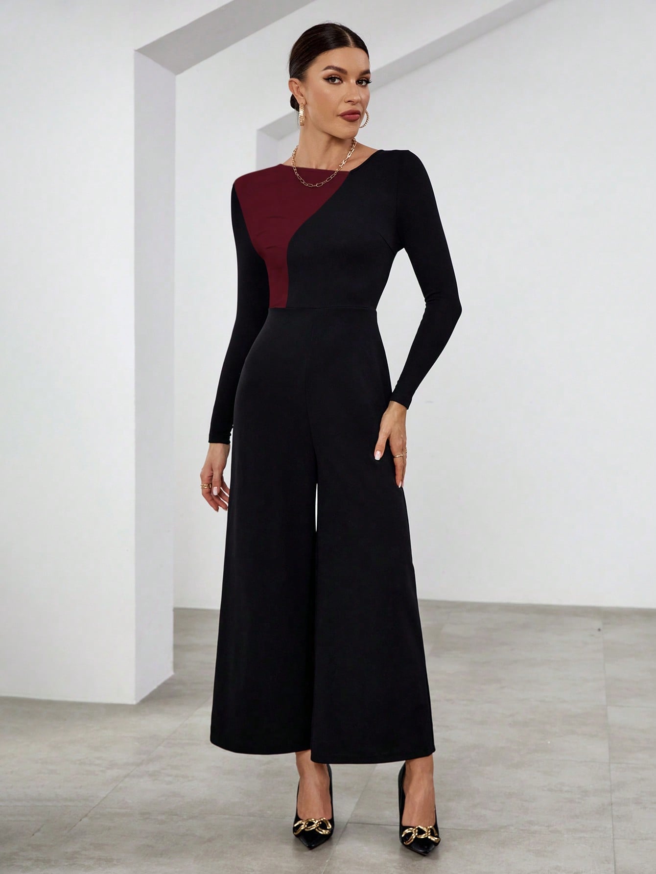 Privé Two Tone Asymmetrical Neck Wide Leg Jumpsuit