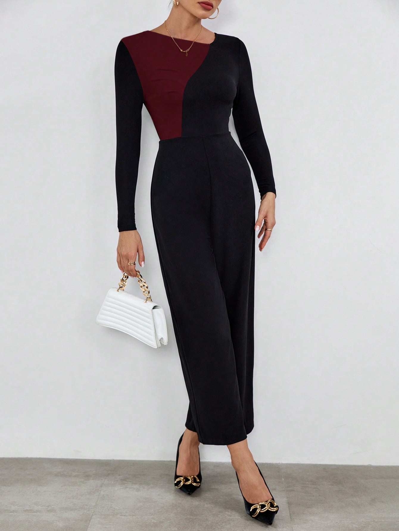 Privé Asymmetric Collar Color Block Long Sleeve Jumpsuit