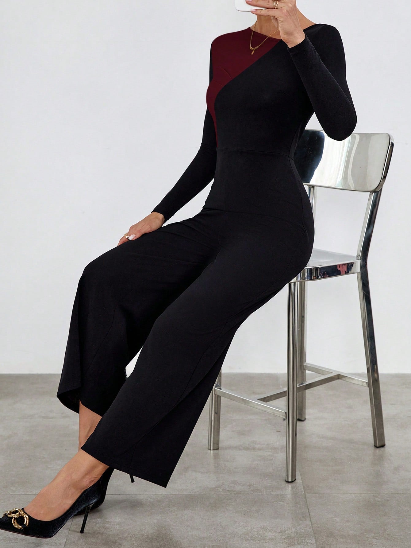 Privé Asymmetric Collar Color Block Long Sleeve Jumpsuit