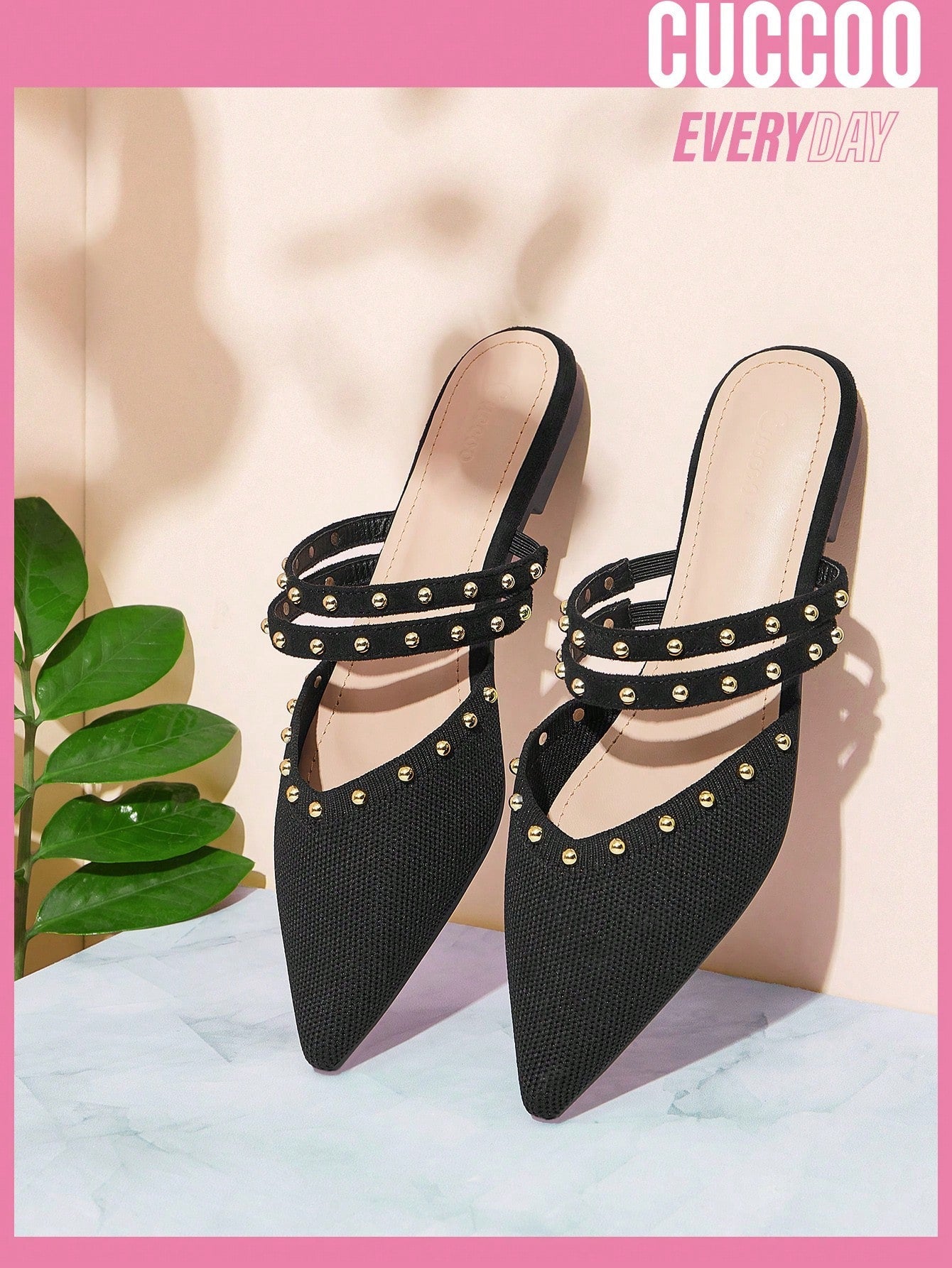 Cuccoo Everyday Collection Women'S Shoes Pointed Toe Elegant Rivets Decorated With Knot Detail Black Flat Mules