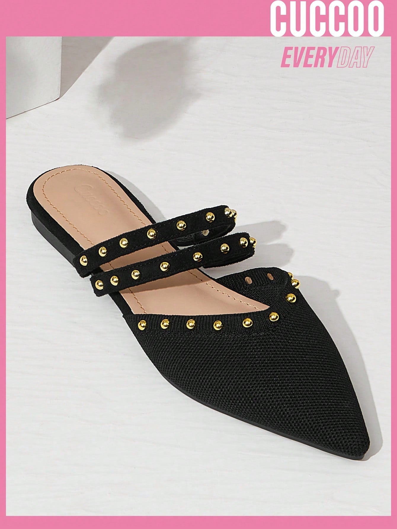 Cuccoo Everyday Collection Women'S Shoes Pointed Toe Elegant Rivets Decorated With Knot Detail Black Flat Mules