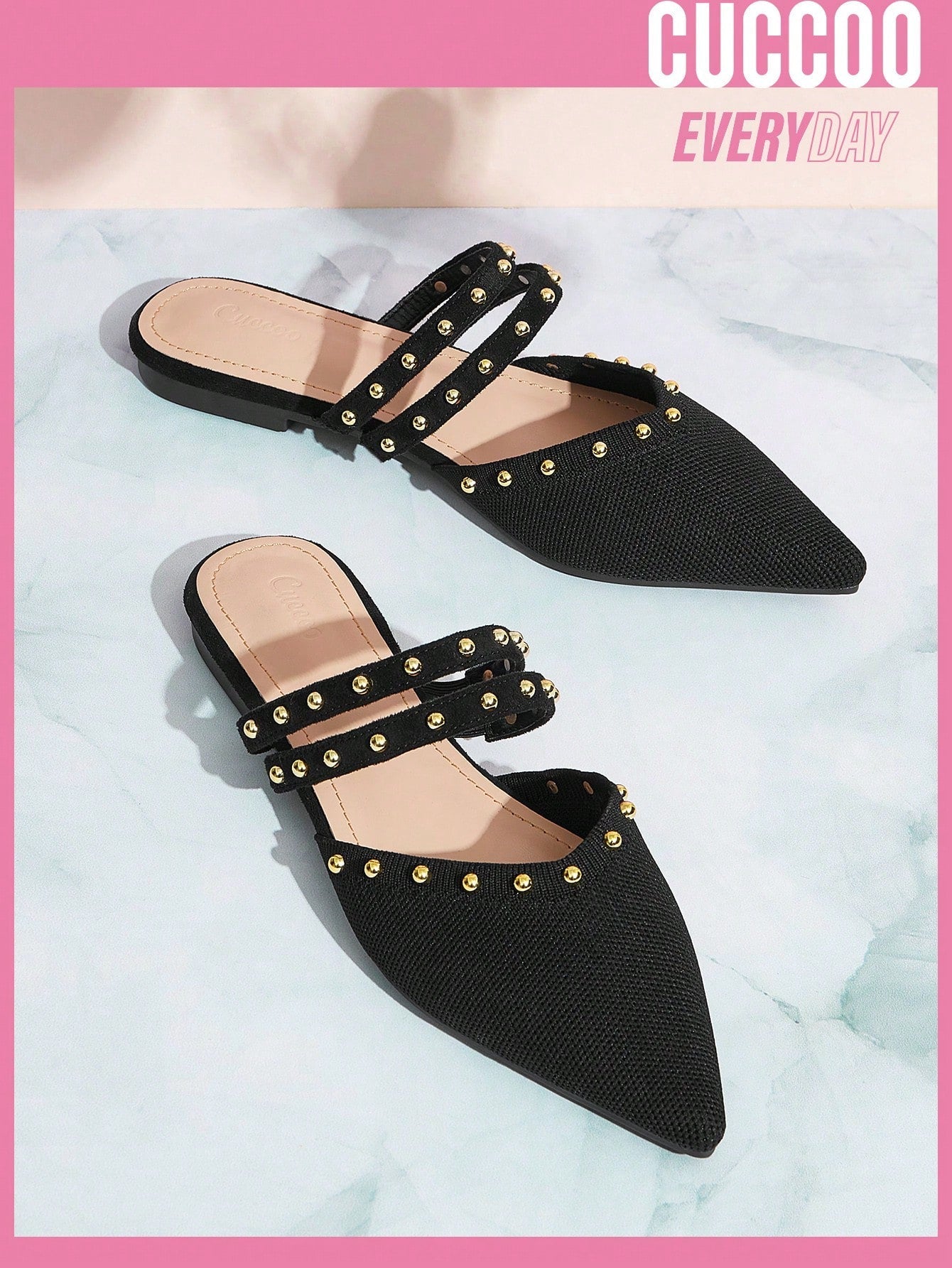 Cuccoo Everyday Collection Women'S Shoes Pointed Toe Elegant Rivets Decorated With Knot Detail Black Flat Mules