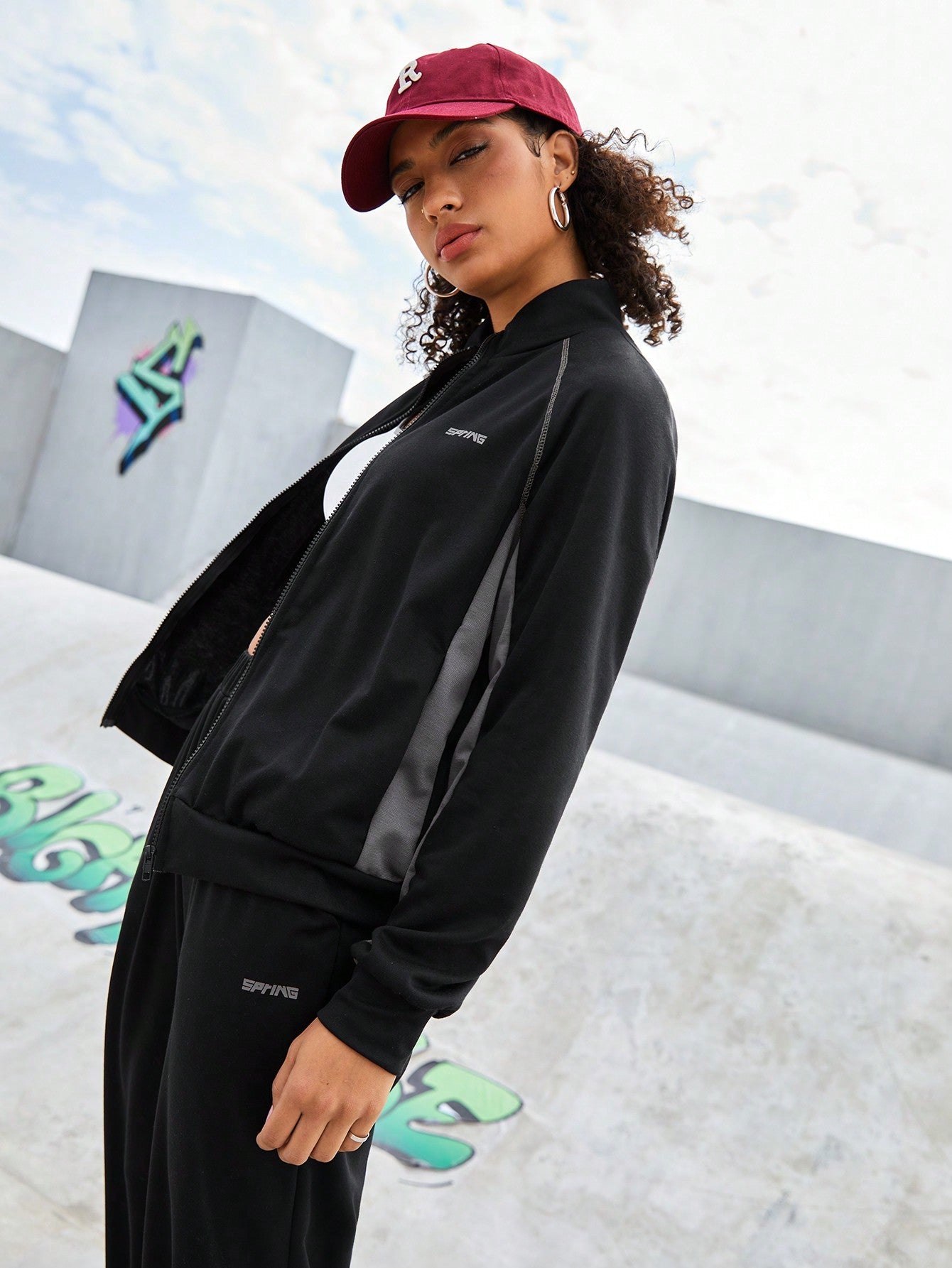 Street Sport Women'S Letter Print Zipper Front Raglan Sleeve Hoodie And Sweatpants Tracksuit