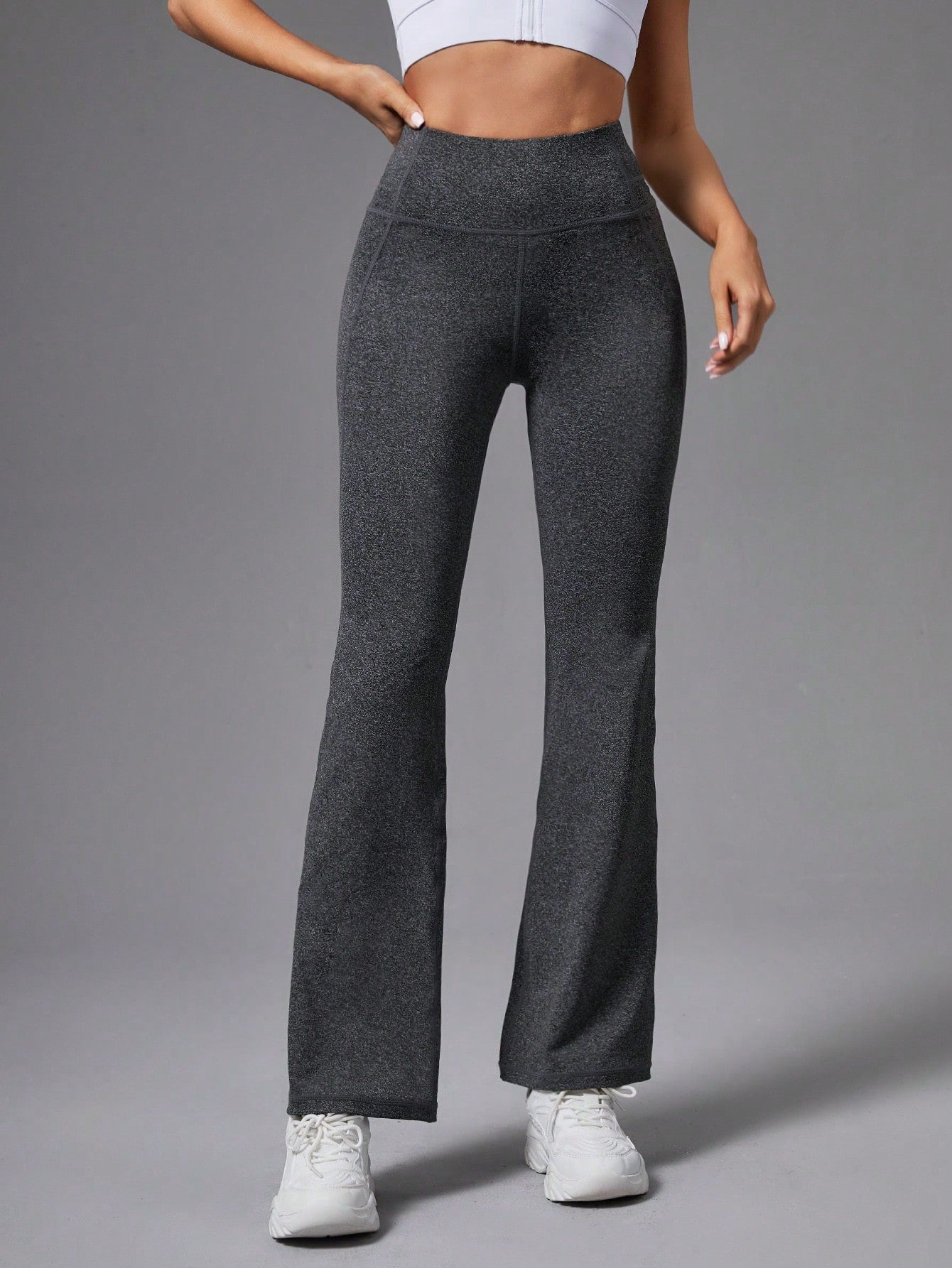 Yoga Basic Marled Knit Split Hem Flare Leg Sports Pants With Phone Pocket