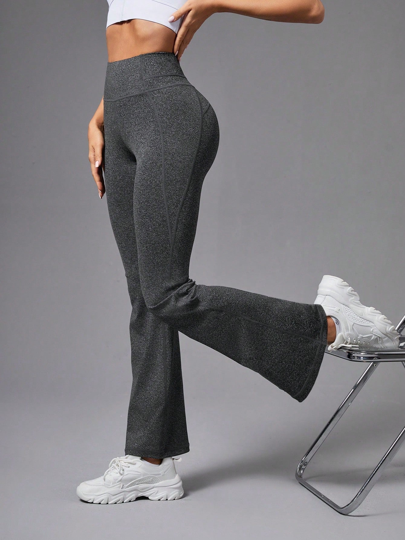 Yoga Basic Marled Knit Split Hem Flare Leg Sports Pants With Phone Pocket