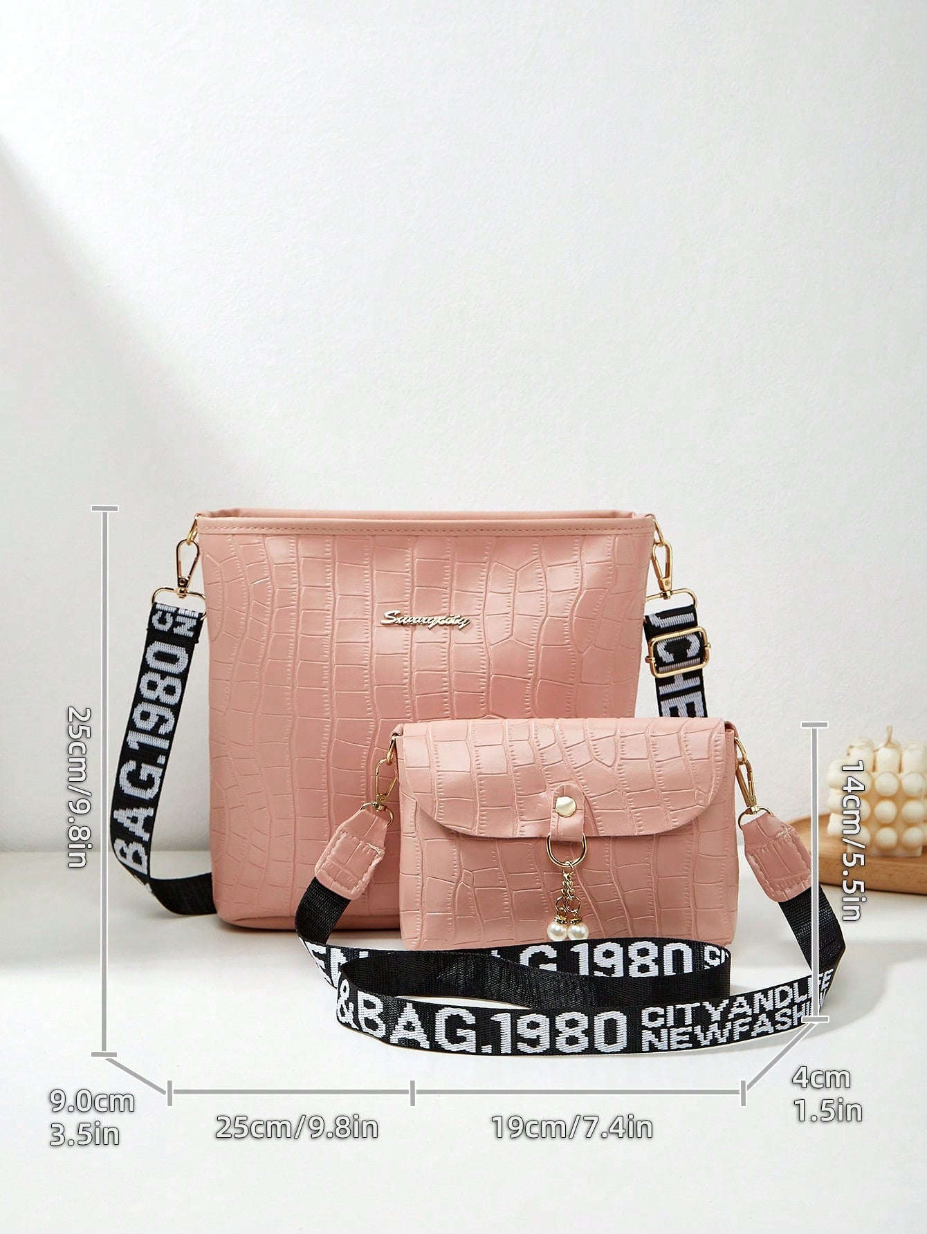 2pcs/Set Fashionable Crocodile Pattern Embossed High Capacity Crossbody Bucket Bag With Letter Strap, Pearl Pendant And Small Solid Color Square Bag