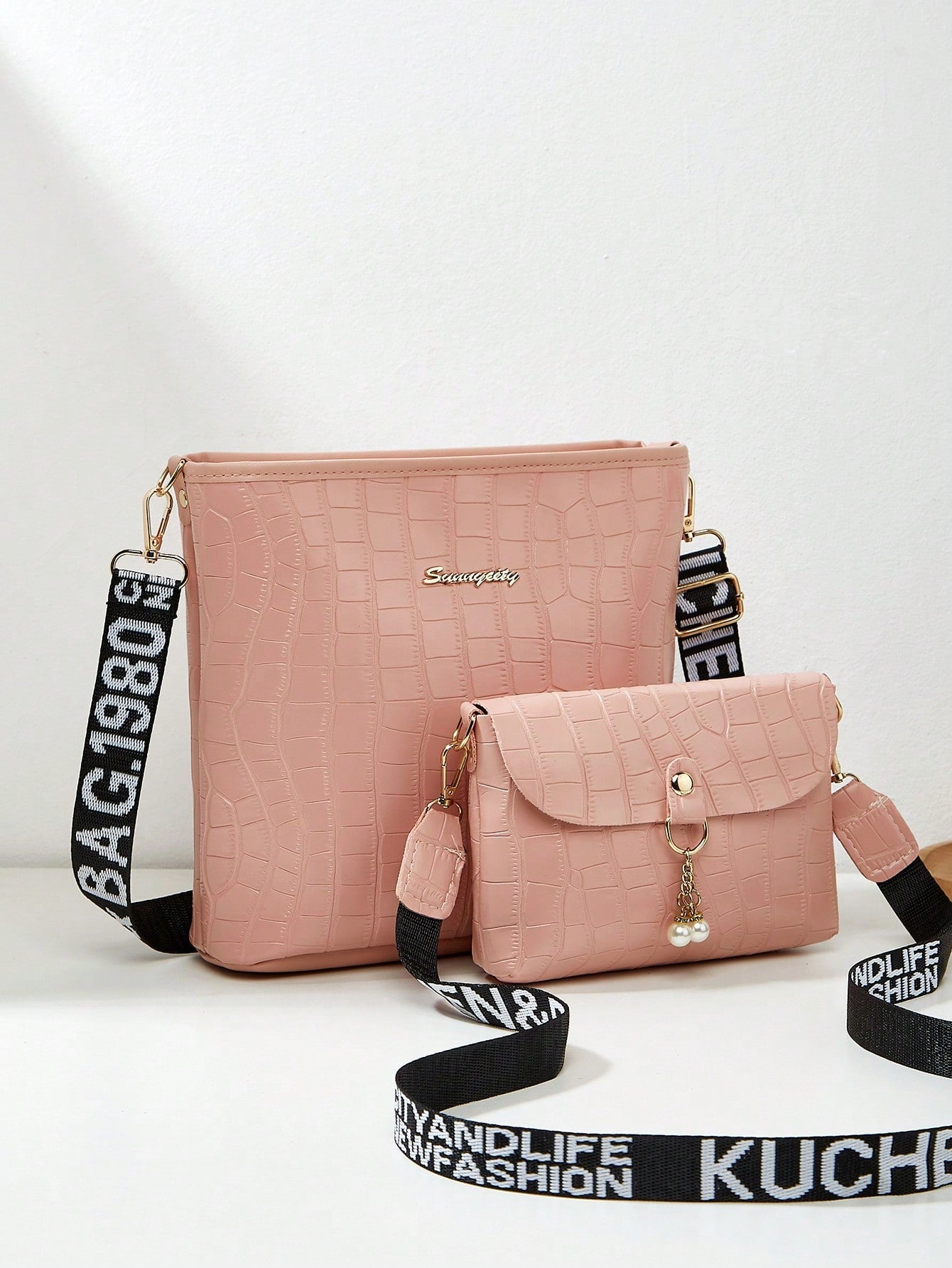 2pcs/Set Fashionable Crocodile Pattern Embossed High Capacity Crossbody Bucket Bag With Letter Strap, Pearl Pendant And Small Solid Color Square Bag