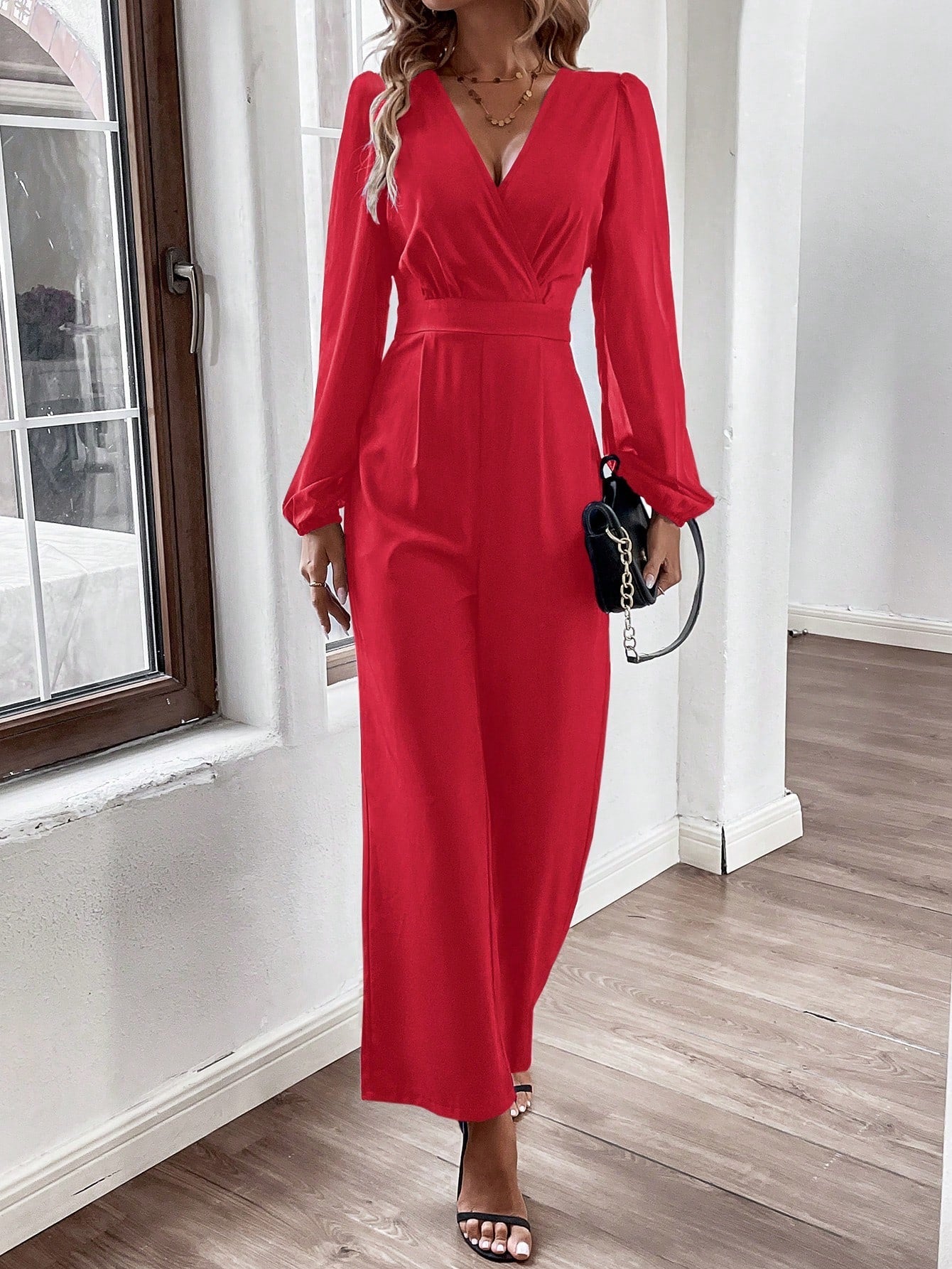 Frenchy Mesh Patchwork V-neck Lantern Sleeve Jumpsuit