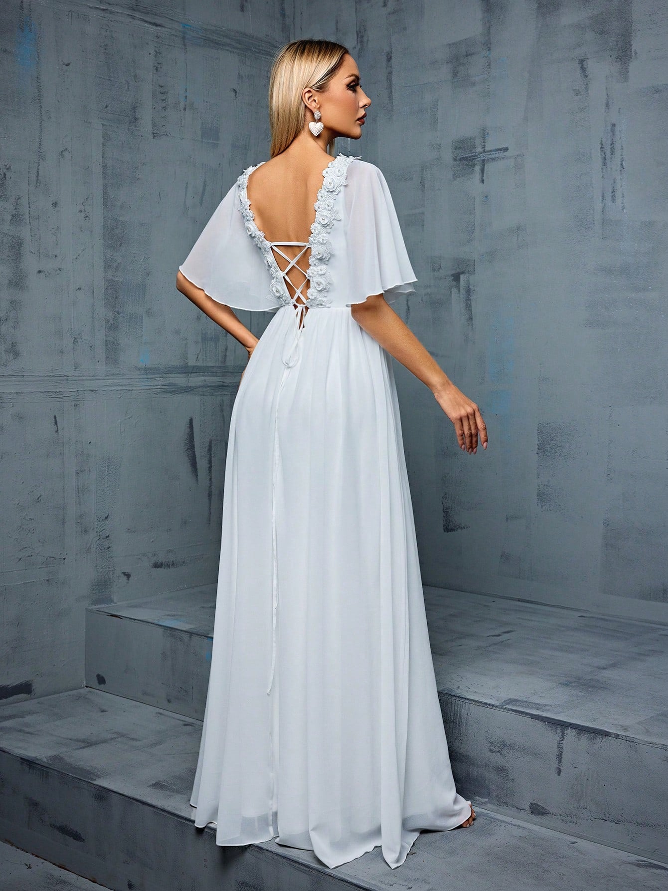 V-neck Lace Decorated Ruched Bodice Flutter Sleeve Chiffon A-line Wedding Dress With Train