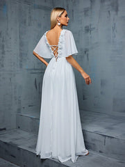 V-neck Lace Decorated Ruched Bodice Flutter Sleeve Chiffon A-line Wedding Dress With Train