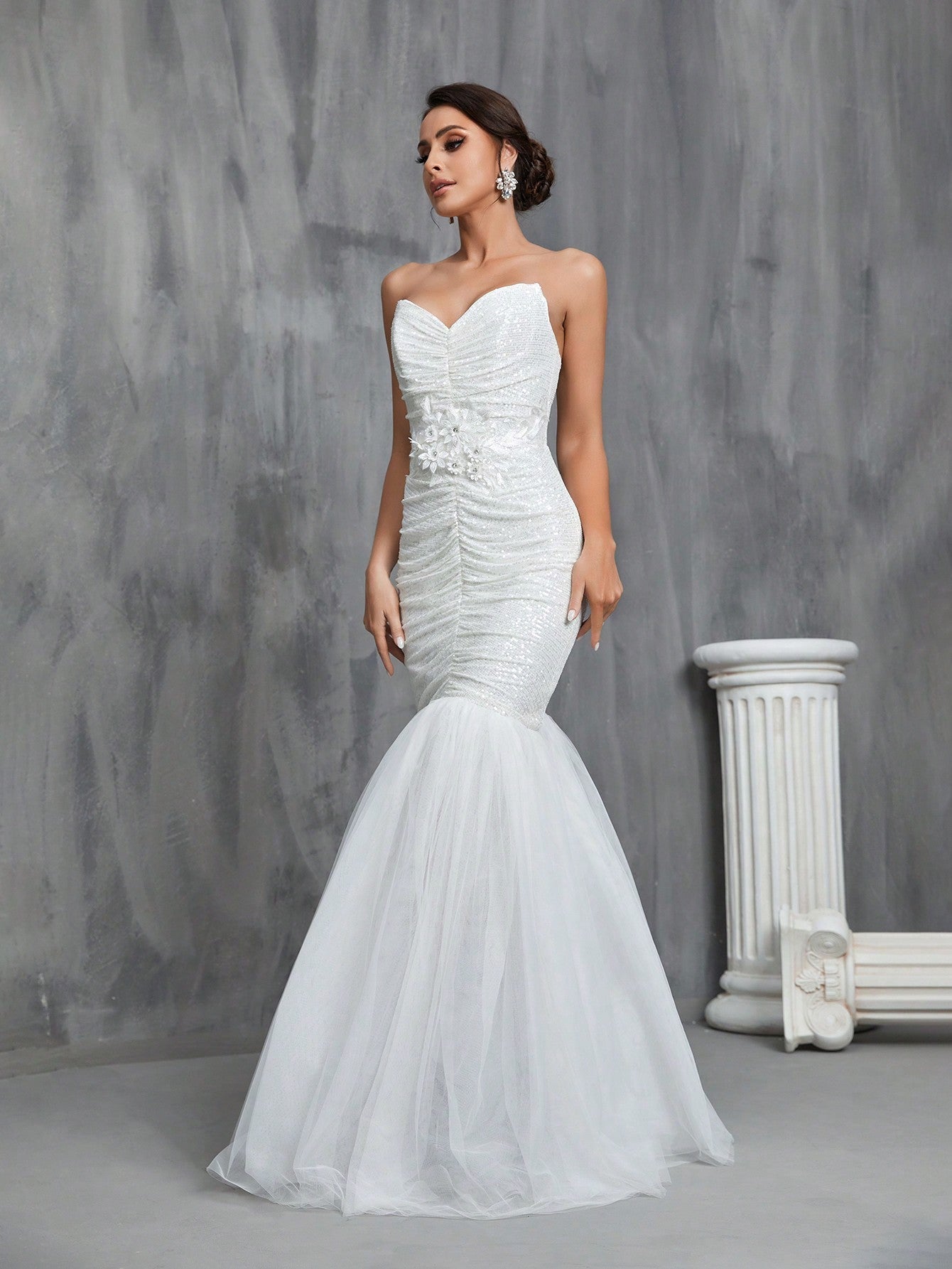 Ruched Front Mermaid Hem Sequin Tube Glittery Wedding Dress