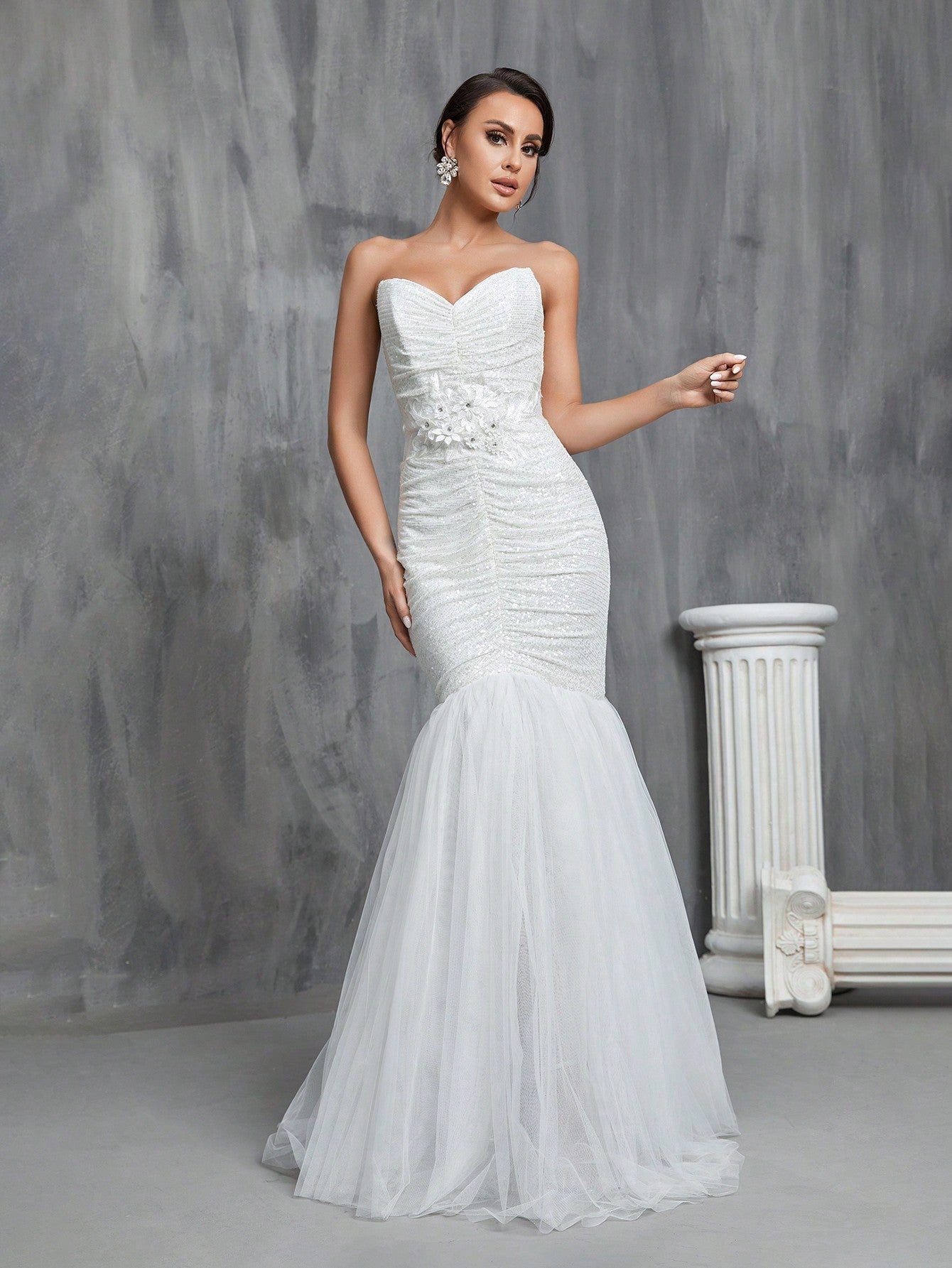 Ruched Front Mermaid Hem Sequin Tube Glittery Wedding Dress