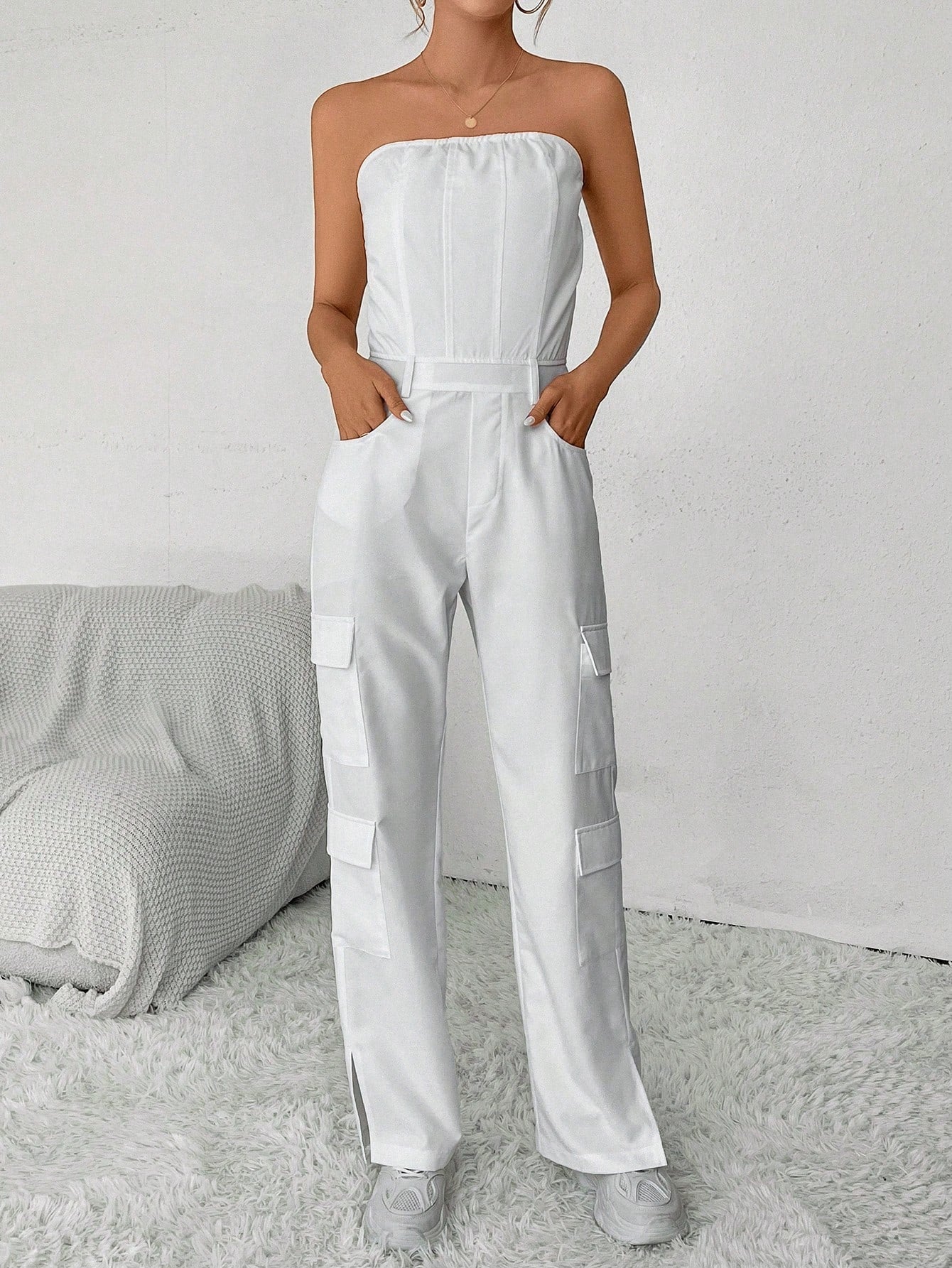 Solid Color Long Tube Jumpsuit