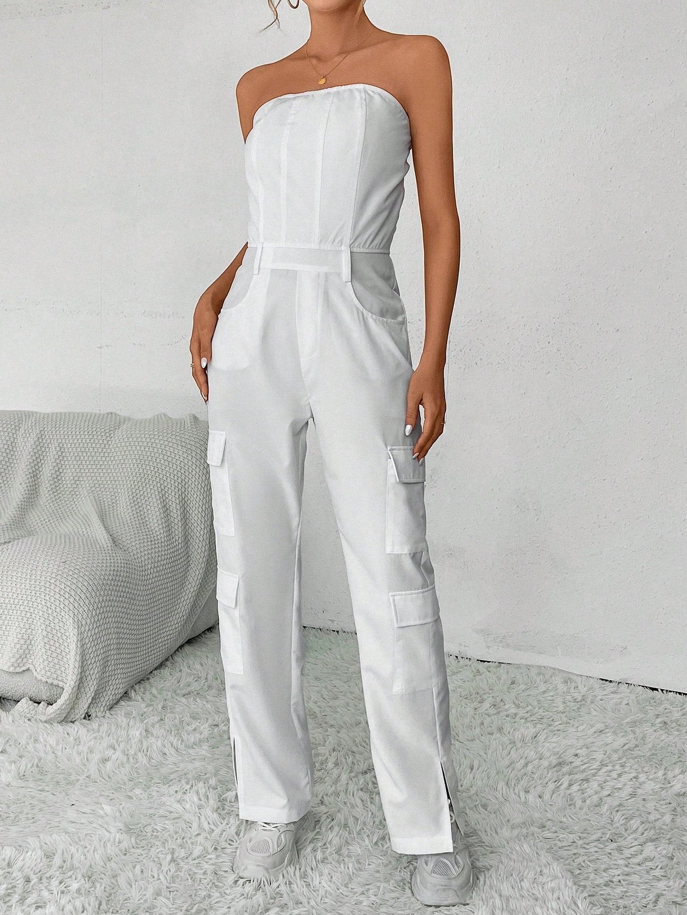 Solid Color Long Tube Jumpsuit