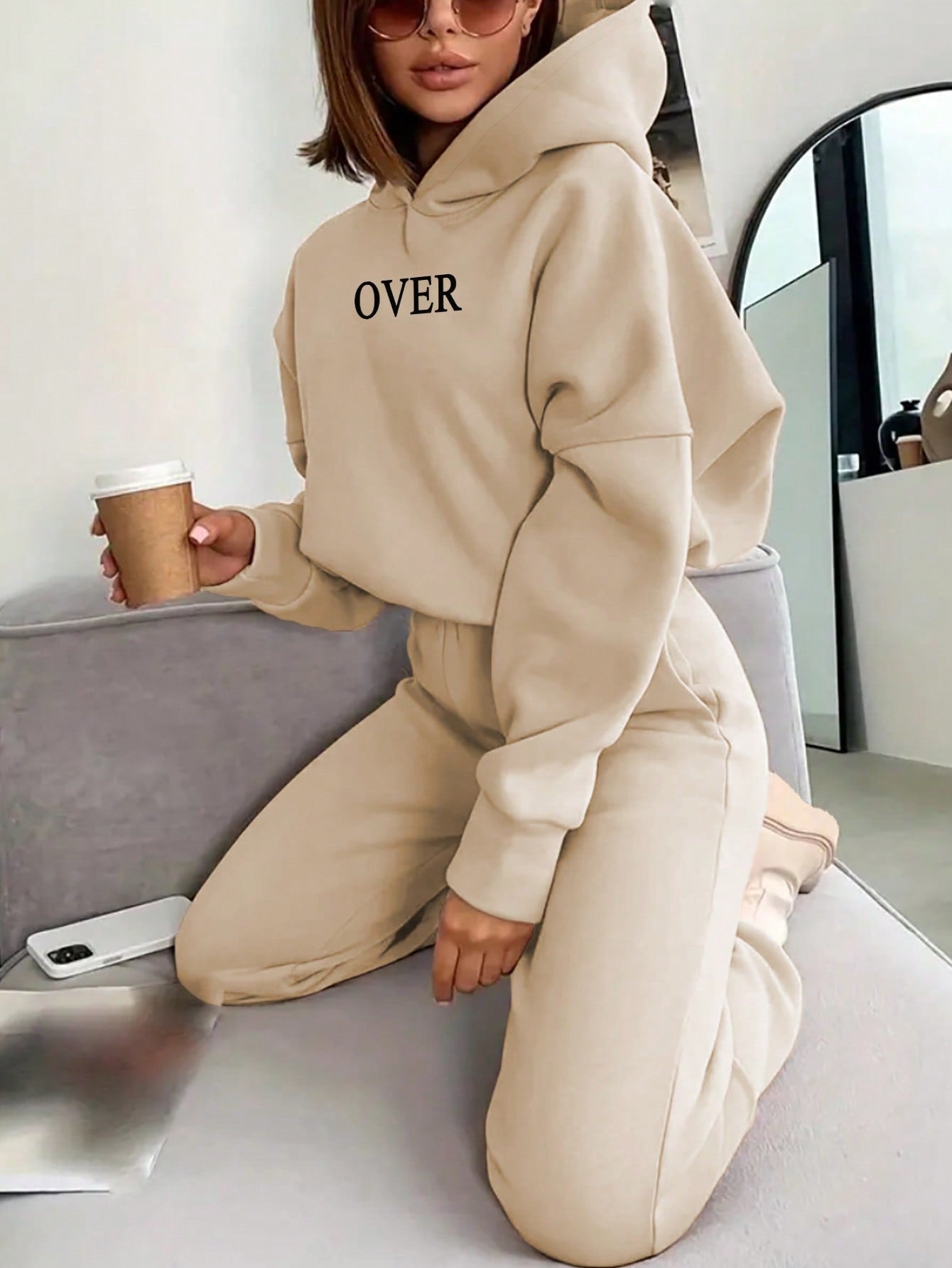 Women's Letter Print Hooded Sweatshirt And Pants Suit (2pcs/set)