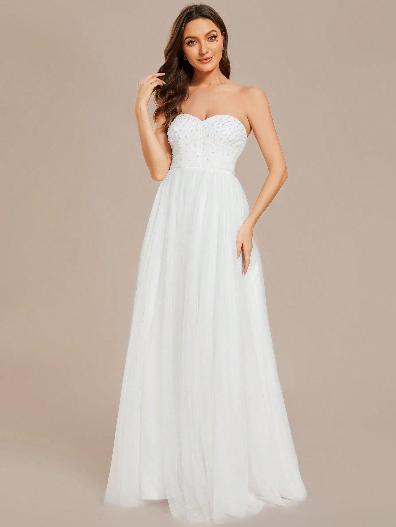 EVER-PRETTY Off Shoulder Pearl Puff Sleeves Sexy Elegant Wedding Dress