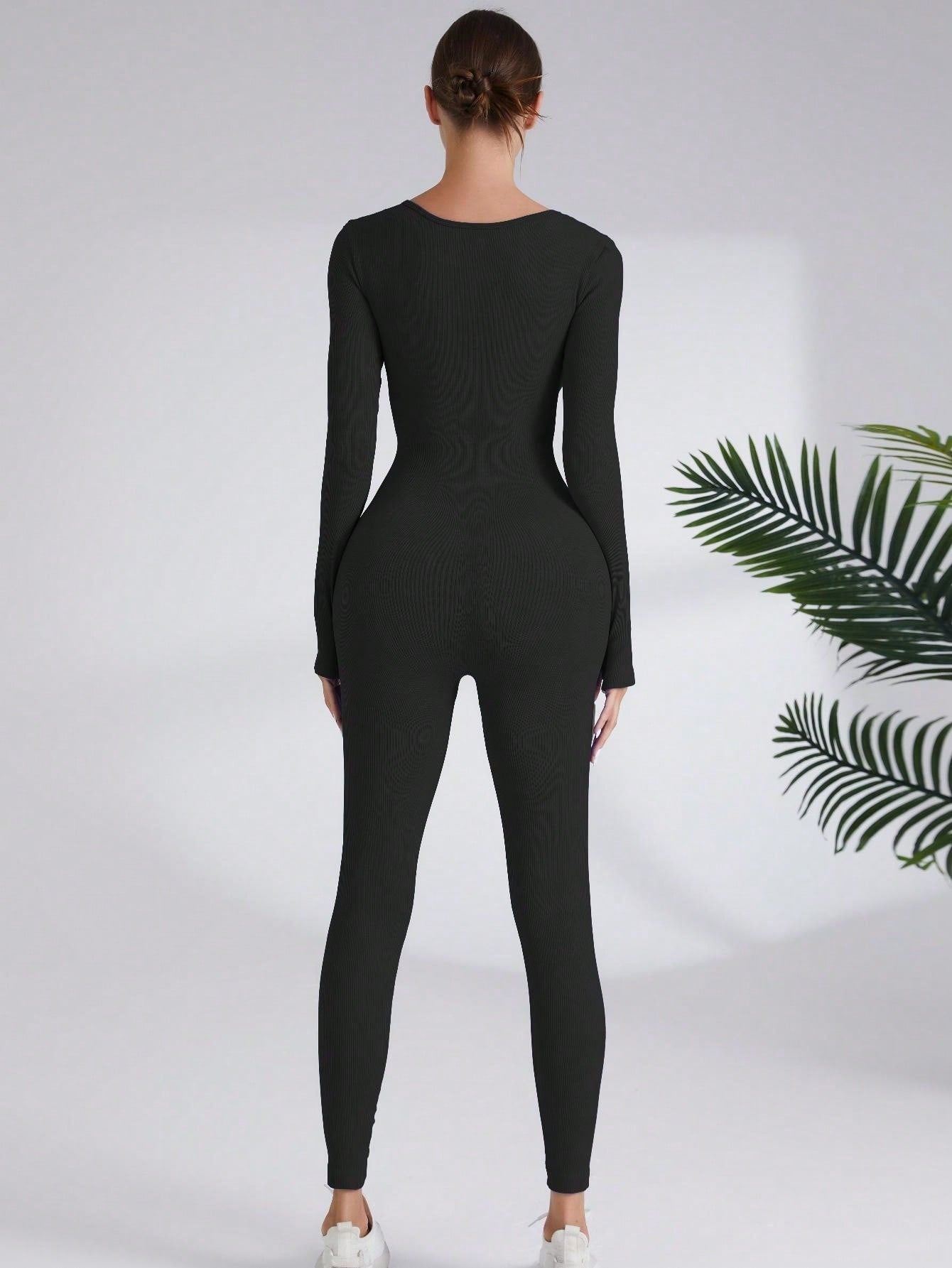 Women'S Solid Color Long Sleeve Yoga Jumpsuit