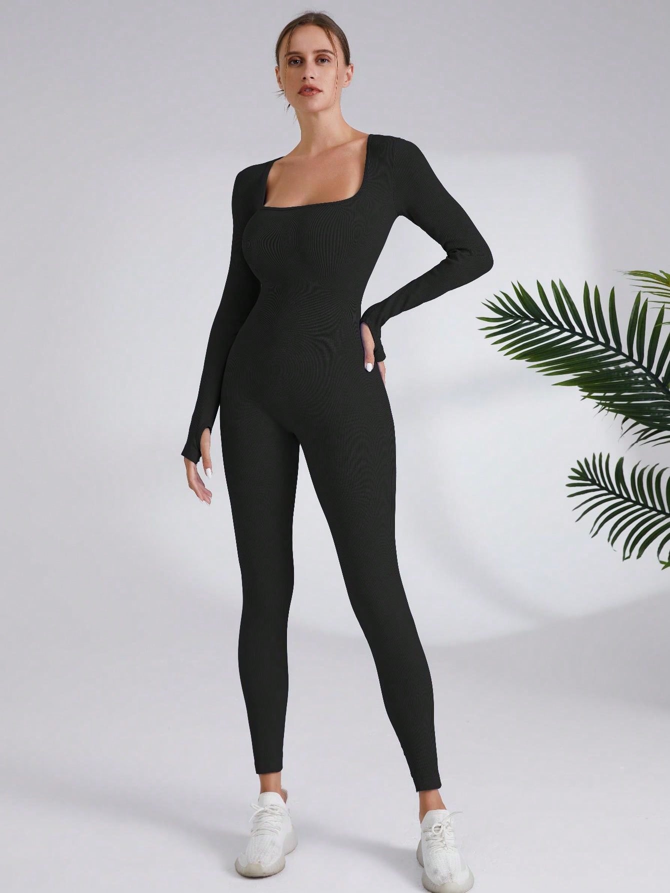 Women'S Solid Color Long Sleeve Yoga Jumpsuit