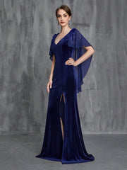 Women'S Plunging Neck Split Mermaid Velvet Dress