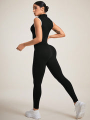 Dance Studio Zipper Closure Stand Collar Sleeveless Sports Jumpsuit