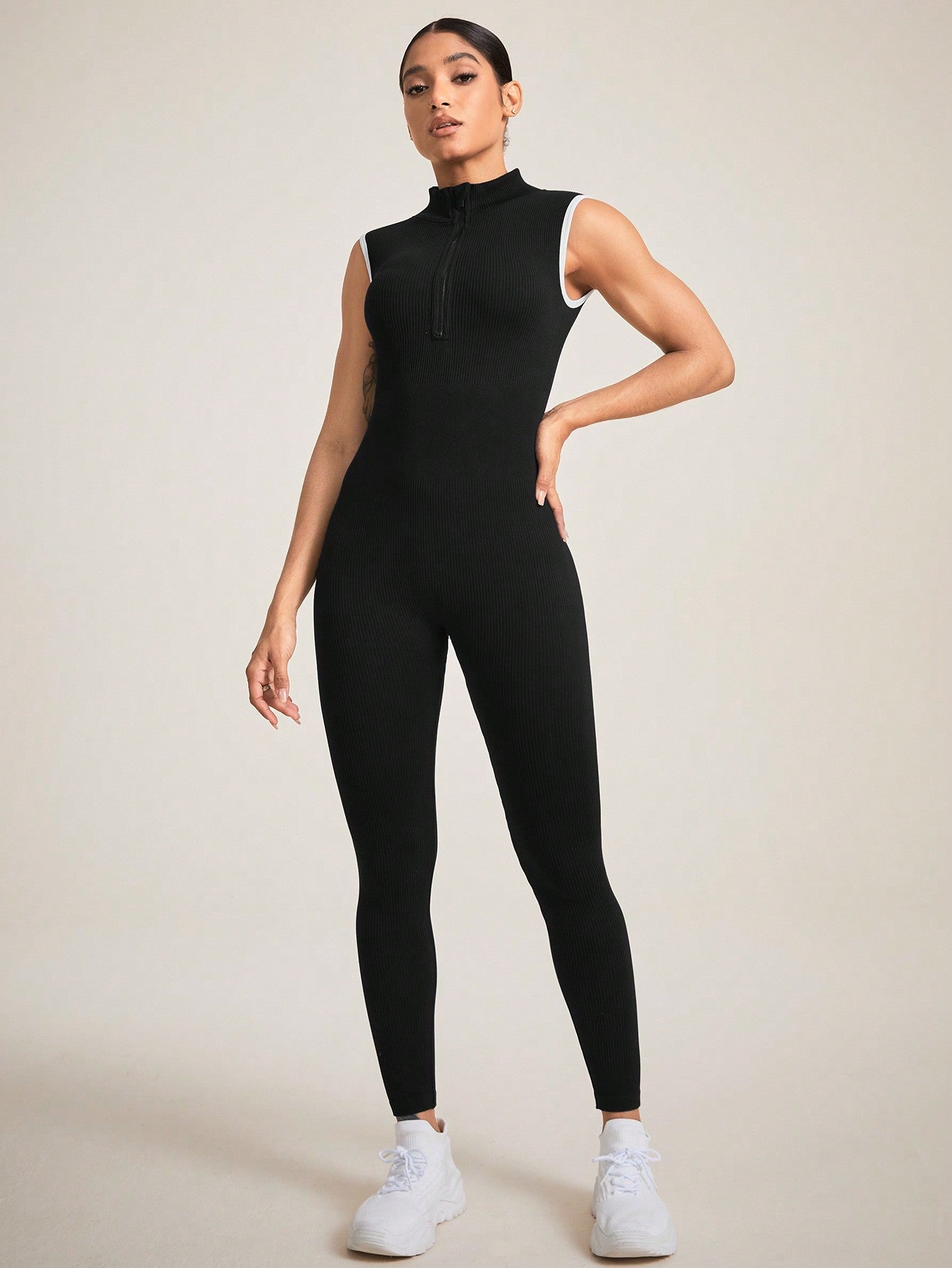 Dance Studio Zipper Closure Stand Collar Sleeveless Sports Jumpsuit