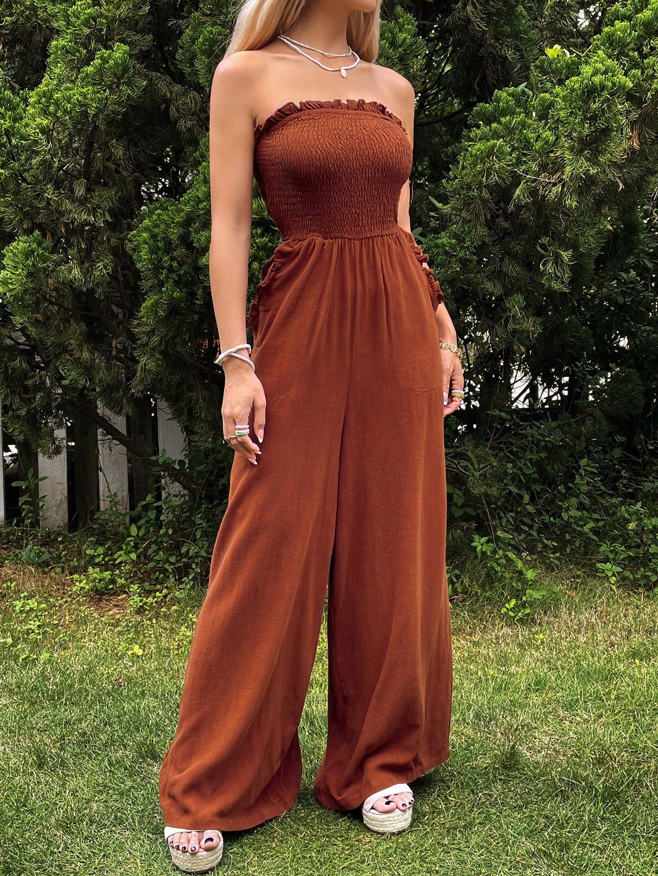 VCAY Women'S Solid Color Strapless Wide-Leg Jumpsuit