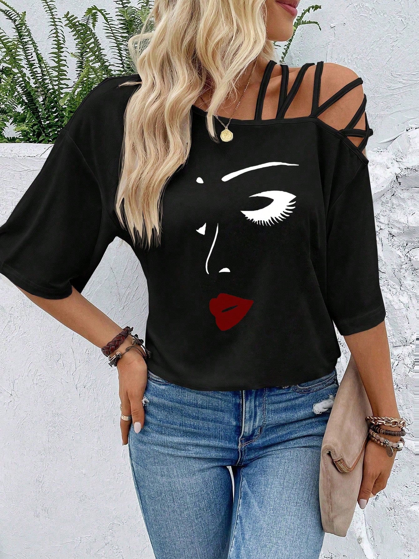 VCAY Figure Graphic Asymmetrical Neck Tee