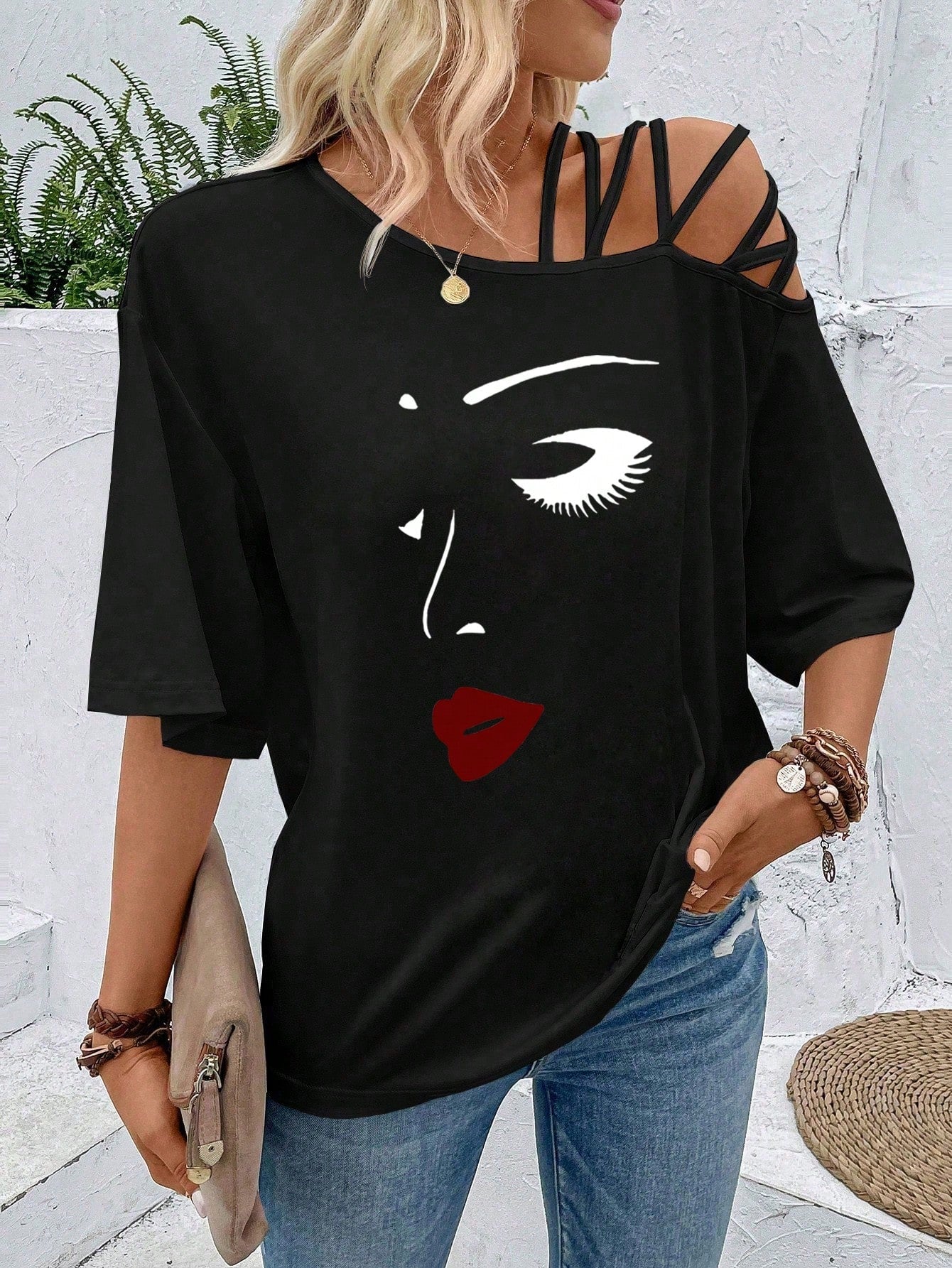 VCAY Figure Graphic Asymmetrical Neck Tee