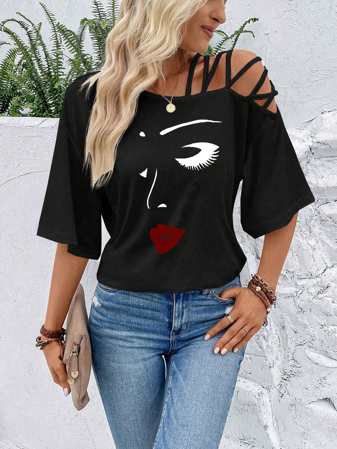 VCAY Figure Graphic Asymmetrical Neck Tee