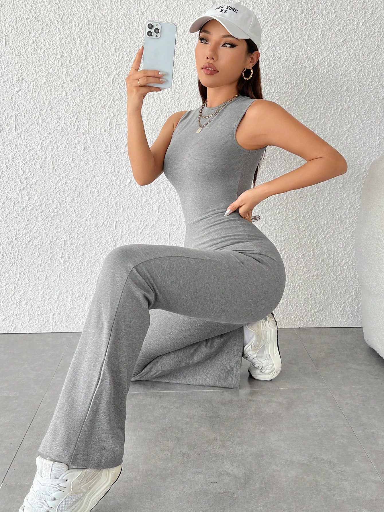 PETITE Solid Flare Leg Tank Jumpsuit