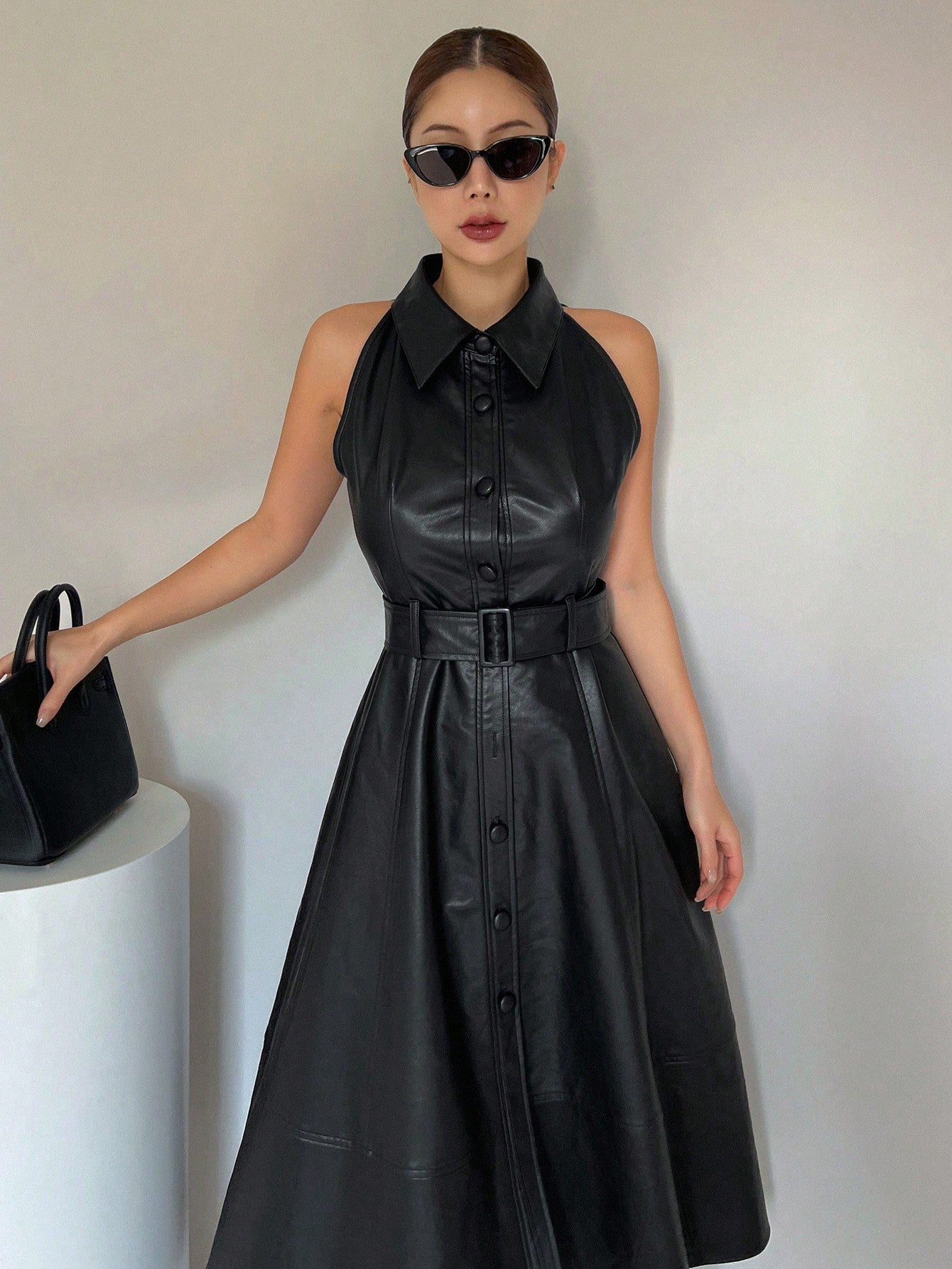 DAZY Sleeveless Shirt Style Belted Dress