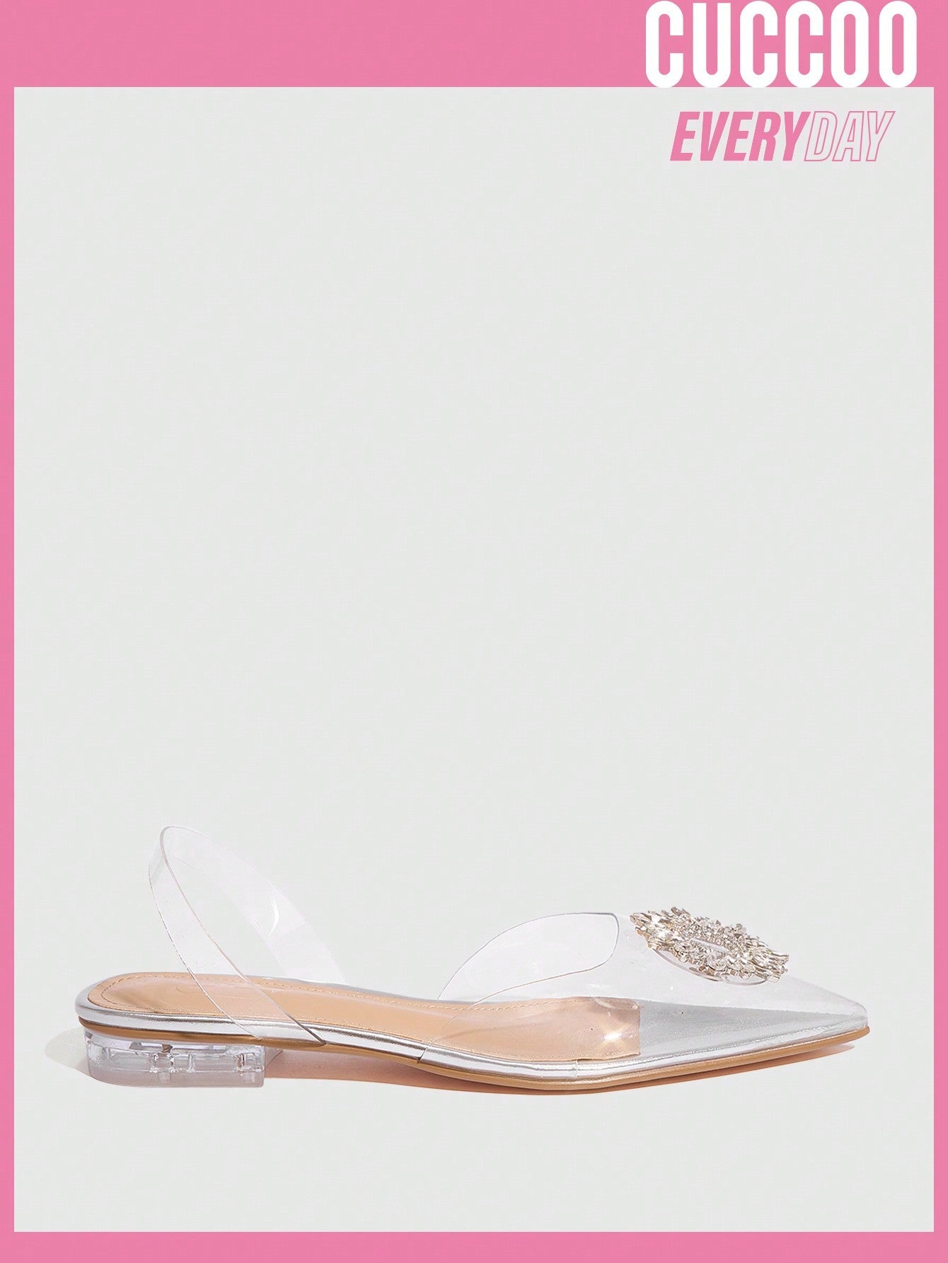 Cuccoo Everyday Collection Women Rhinestone Decor Point Toe Glamorous PVC Slingback Valentine Days Day Beige Flats