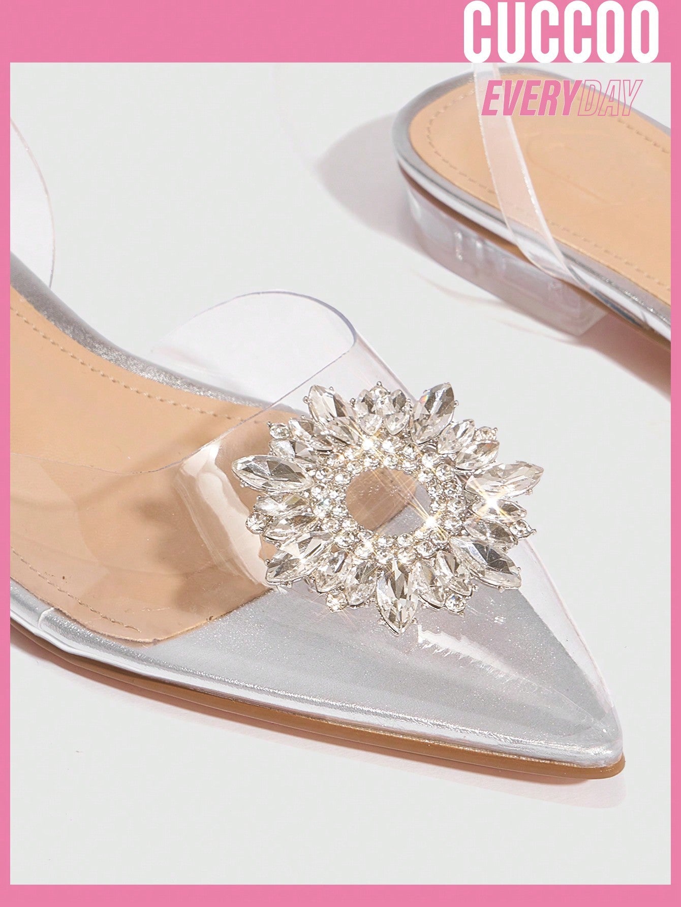 Cuccoo Everyday Collection Women Rhinestone Decor Point Toe Glamorous PVC Slingback Valentine Days Day Beige Flats