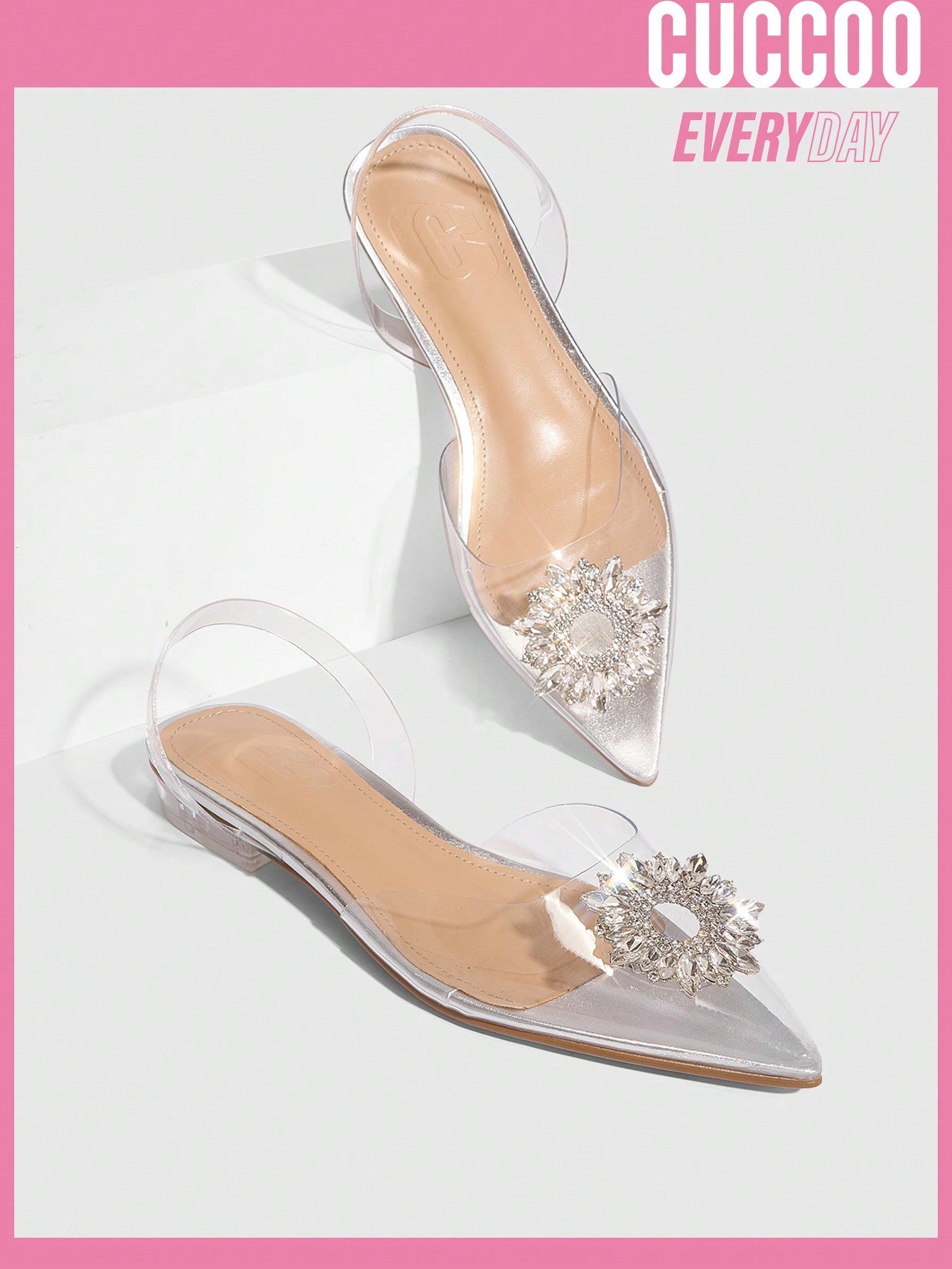 Cuccoo Everyday Collection Women Rhinestone Decor Point Toe Glamorous PVC Slingback Valentine Days Day Beige Flats