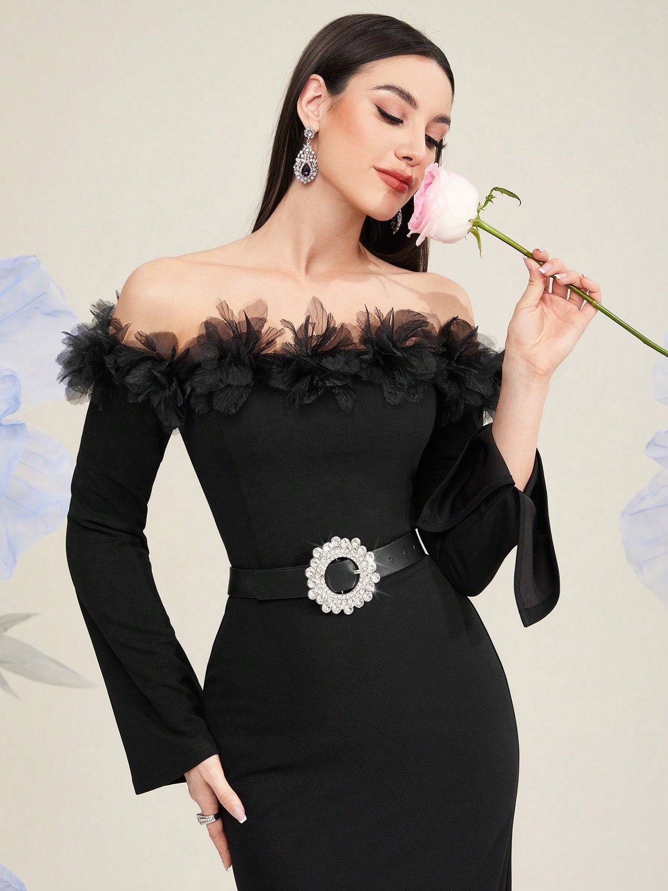 Modely Ladies' Off-Shoulder Dress With 3d Floral Decoration