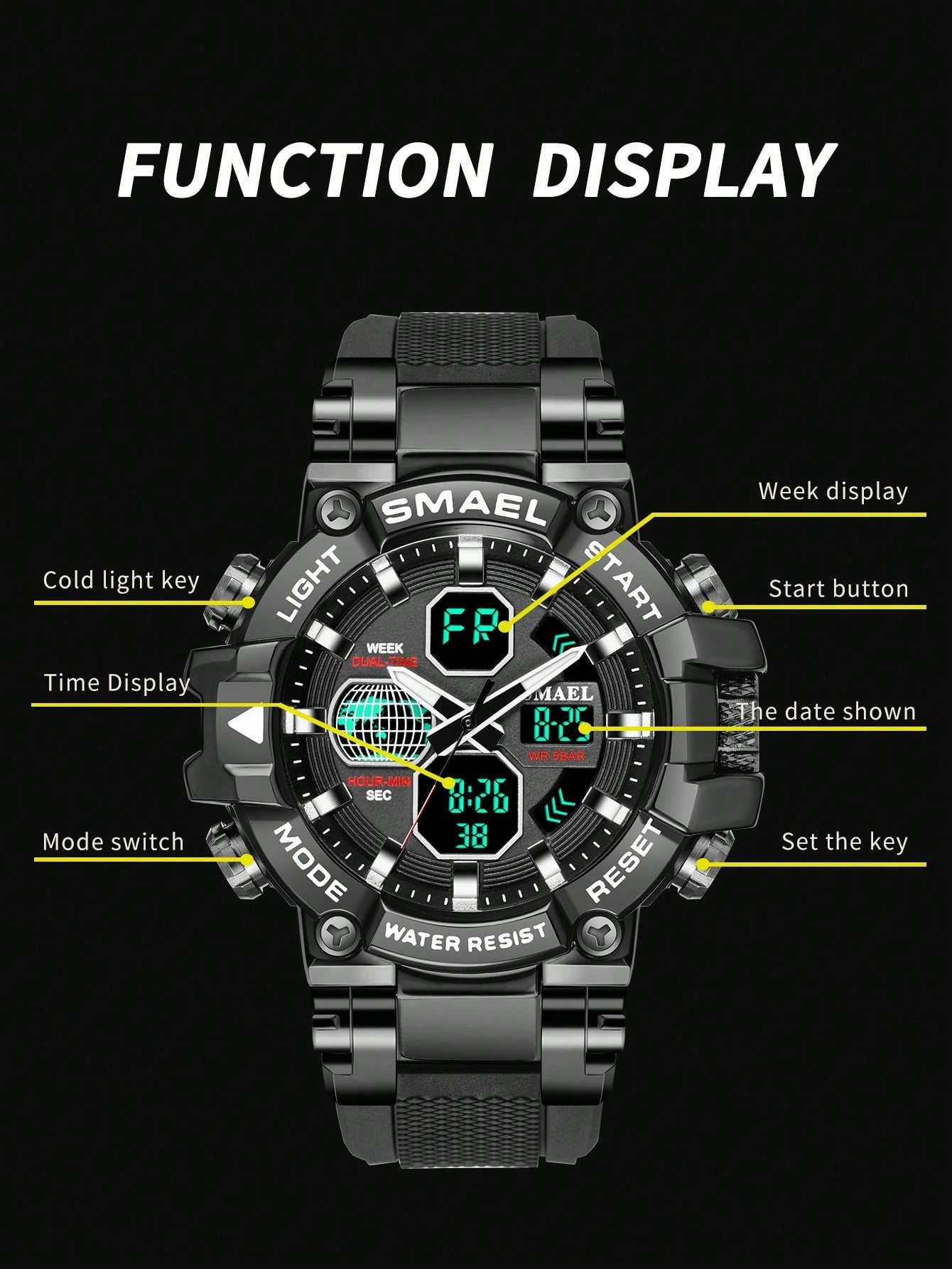 1pc Smael Alloy Case Black Color Men'S Outdoor Sports Waterproof Dual Display Multi-Function Night Light Electronic Watch