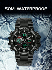 1pc Smael Alloy Case Black Color Men'S Outdoor Sports Waterproof Dual Display Multi-Function Night Light Electronic Watch