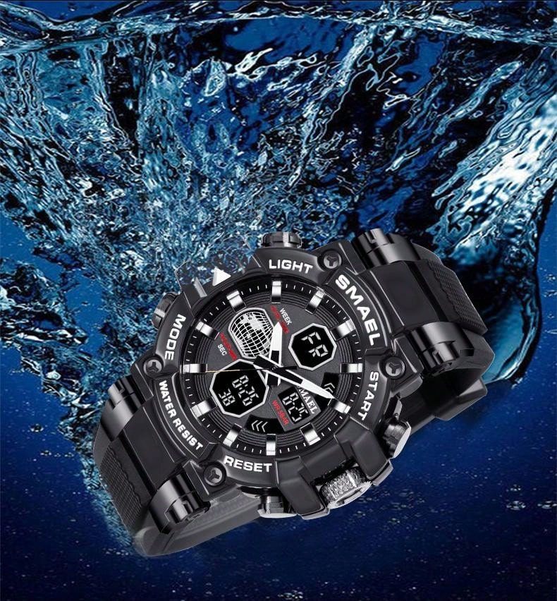 1pc Smael Alloy Case Black Color Men'S Outdoor Sports Waterproof Dual Display Multi-Function Night Light Electronic Watch