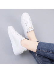 Ladies' Casual White Lace-Up Sport Shoes Decorated With Floral Pattern, Pu Leather, Low-Cut, Round Toe, Flat Heel