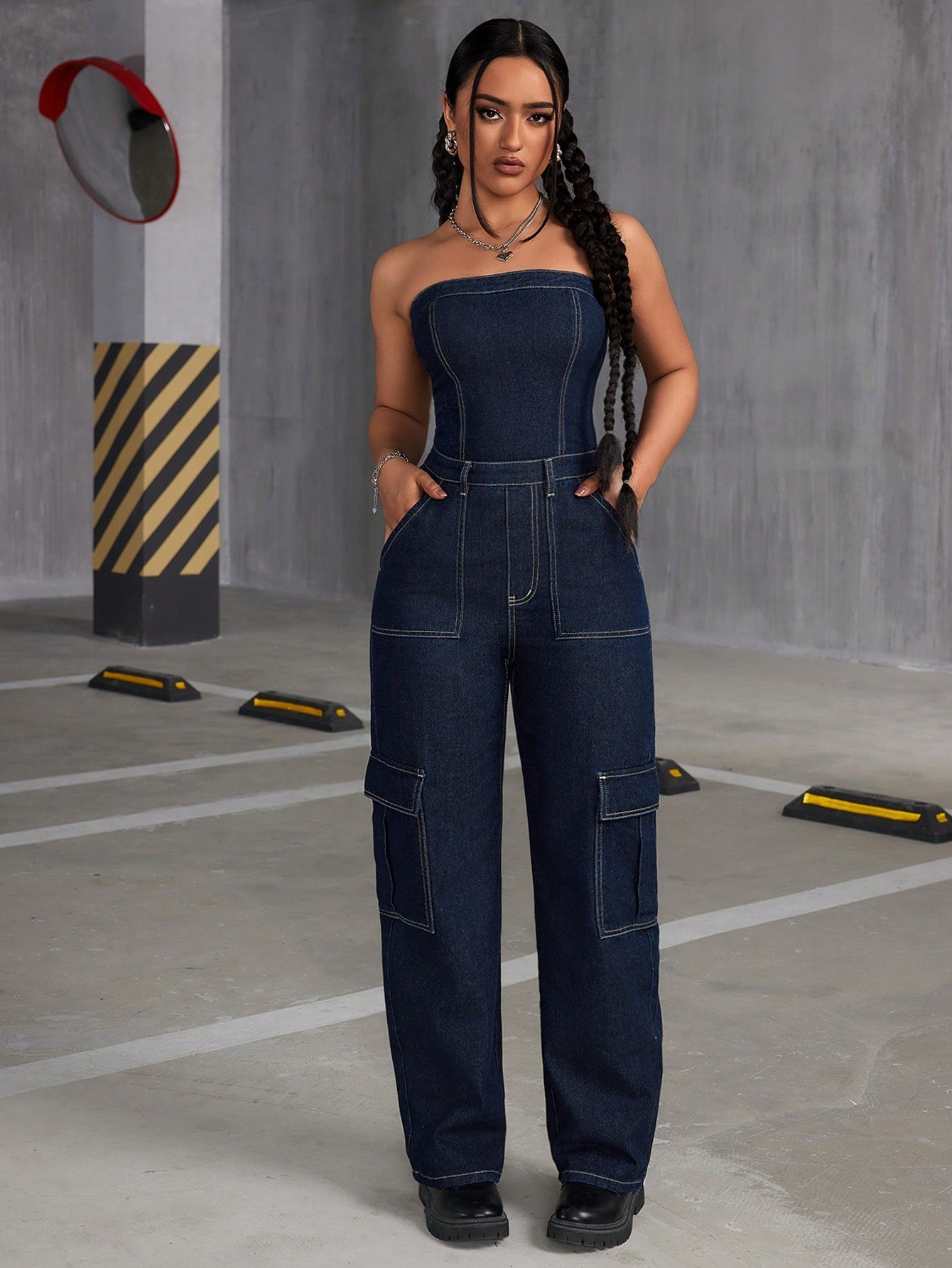 ICON Water Washed Denim Jumpsuit With Topstitching