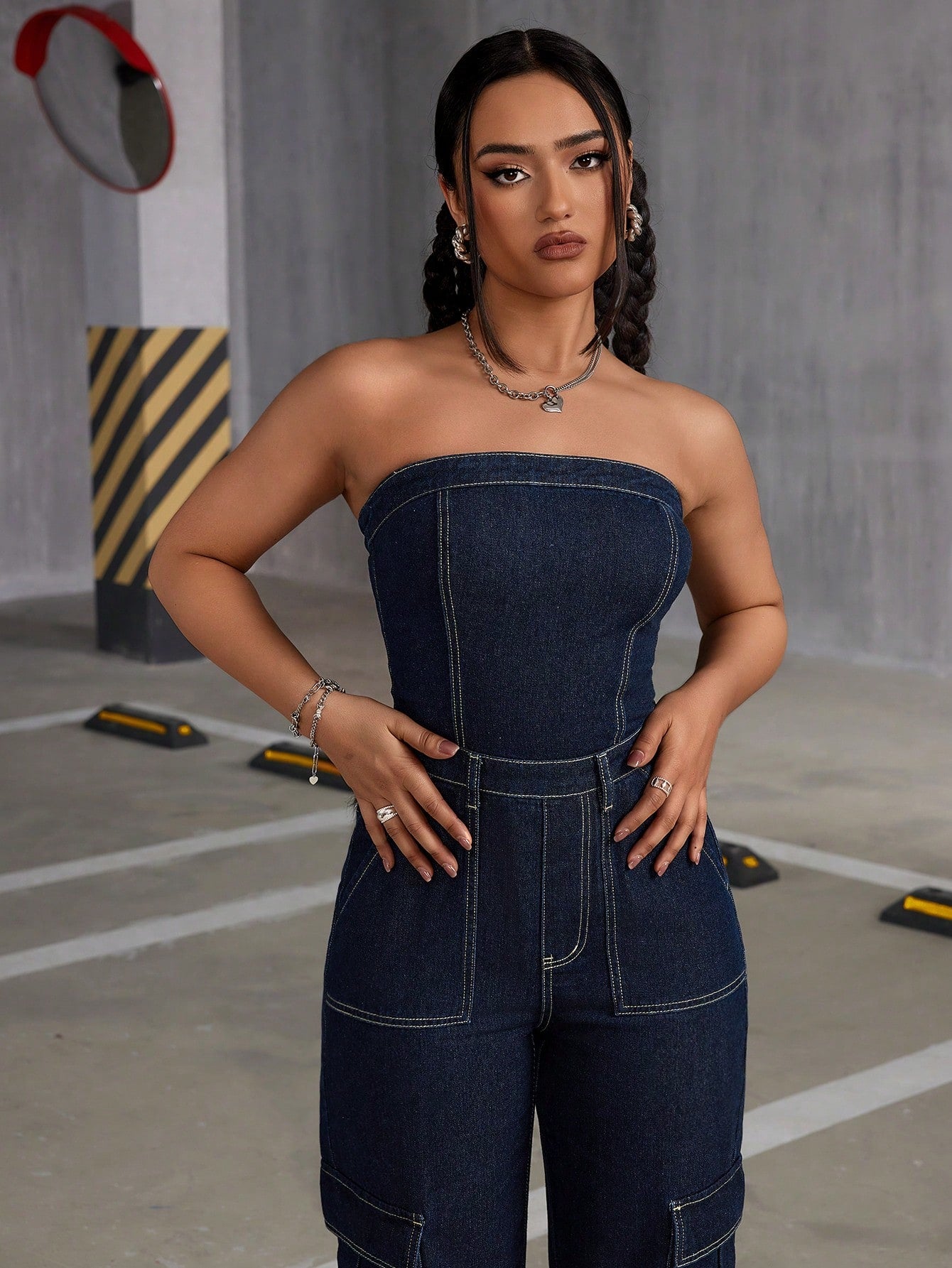 ICON Water Washed Denim Jumpsuit With Topstitching